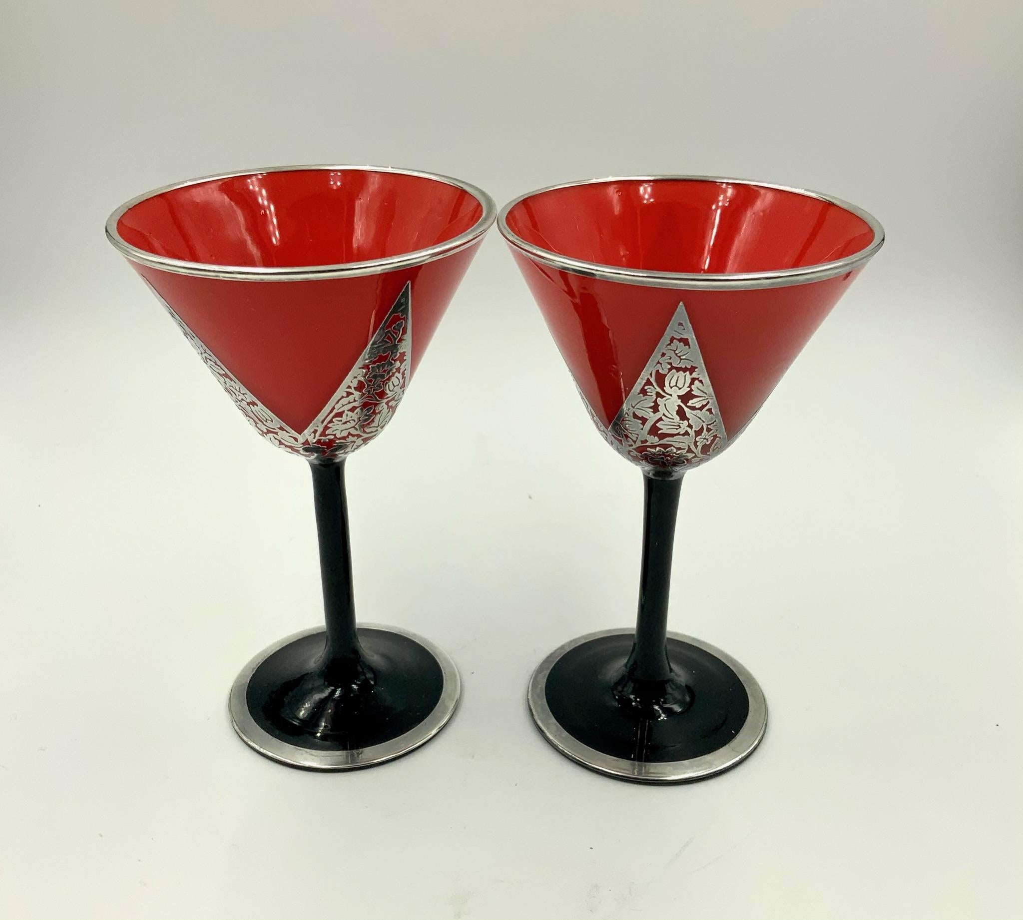 Art Deco Rockwell Sterling Silver Overlay Orange and Black Wine Glass Set of Six In Good Condition In Miami Beach, FL