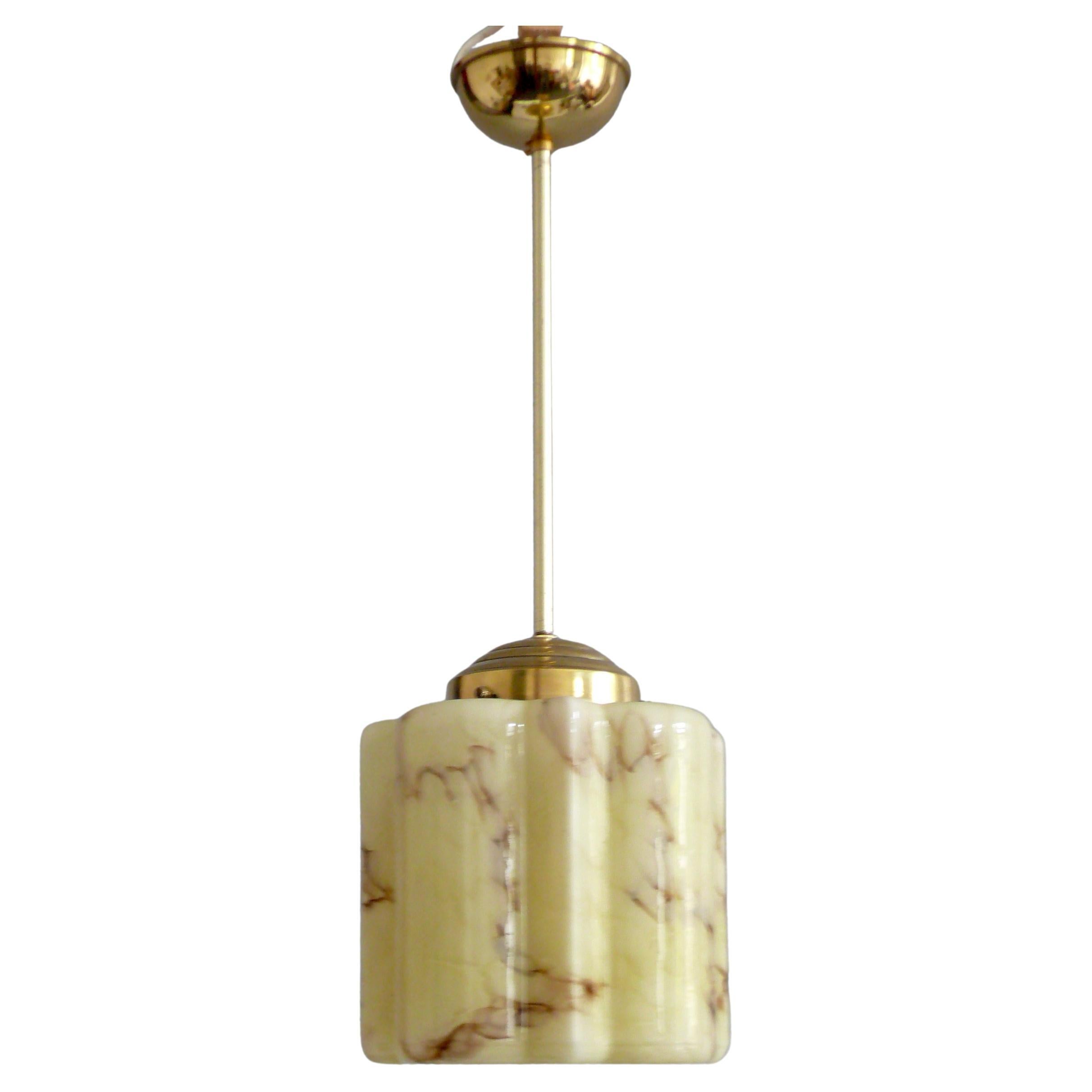 Art Deco rod pendant light with brass suspension, marbled glass - 1930s