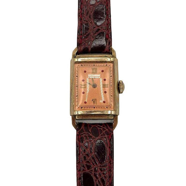 Reloj de Vestir Art Decó de 17 Joyas con Placa de Oro Enrollada de Elgin con Correa de Piel Estadounidense en venta
