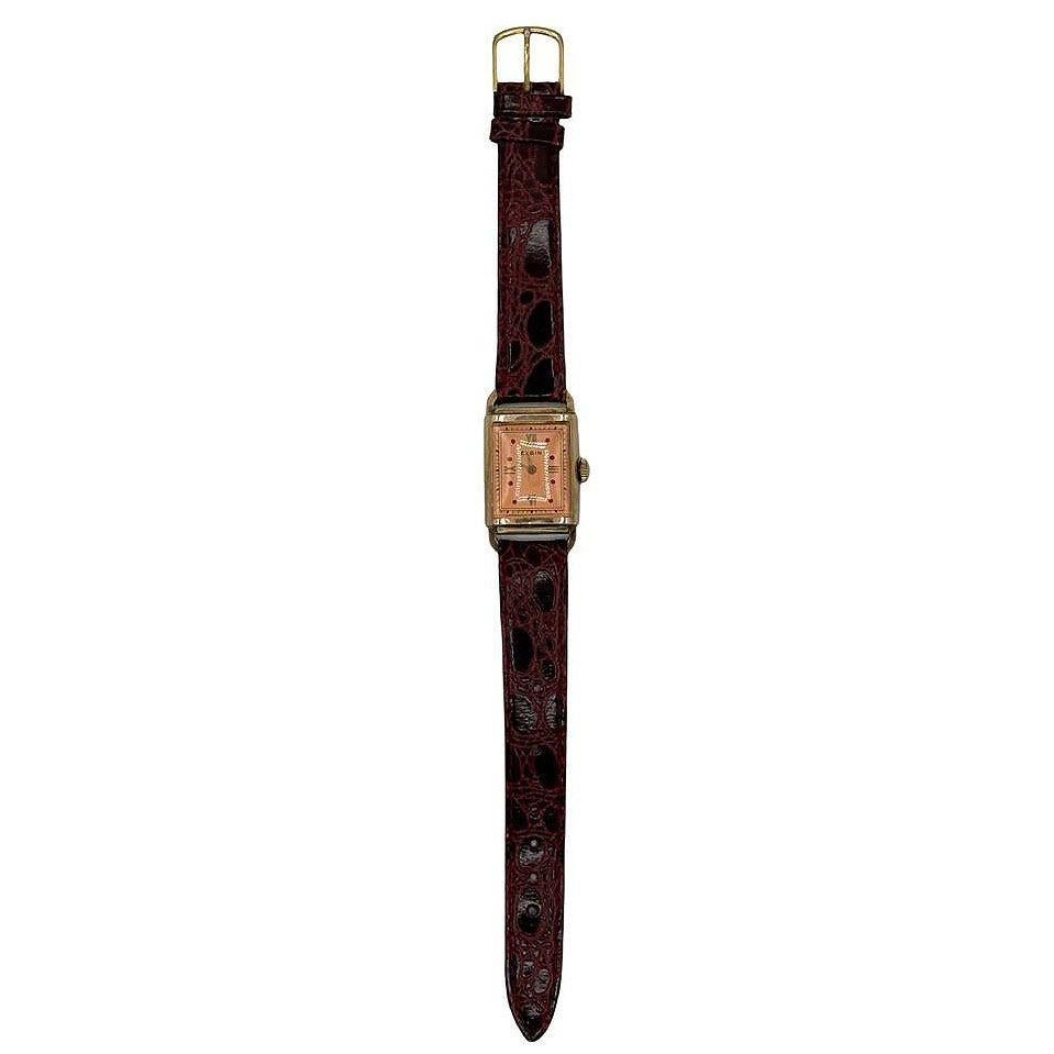Reloj de Vestir Art Decó de 17 Joyas con Placa de Oro Enrollada de Elgin con Correa de Piel en Excelente estado para la venta en Van Nuys, CA