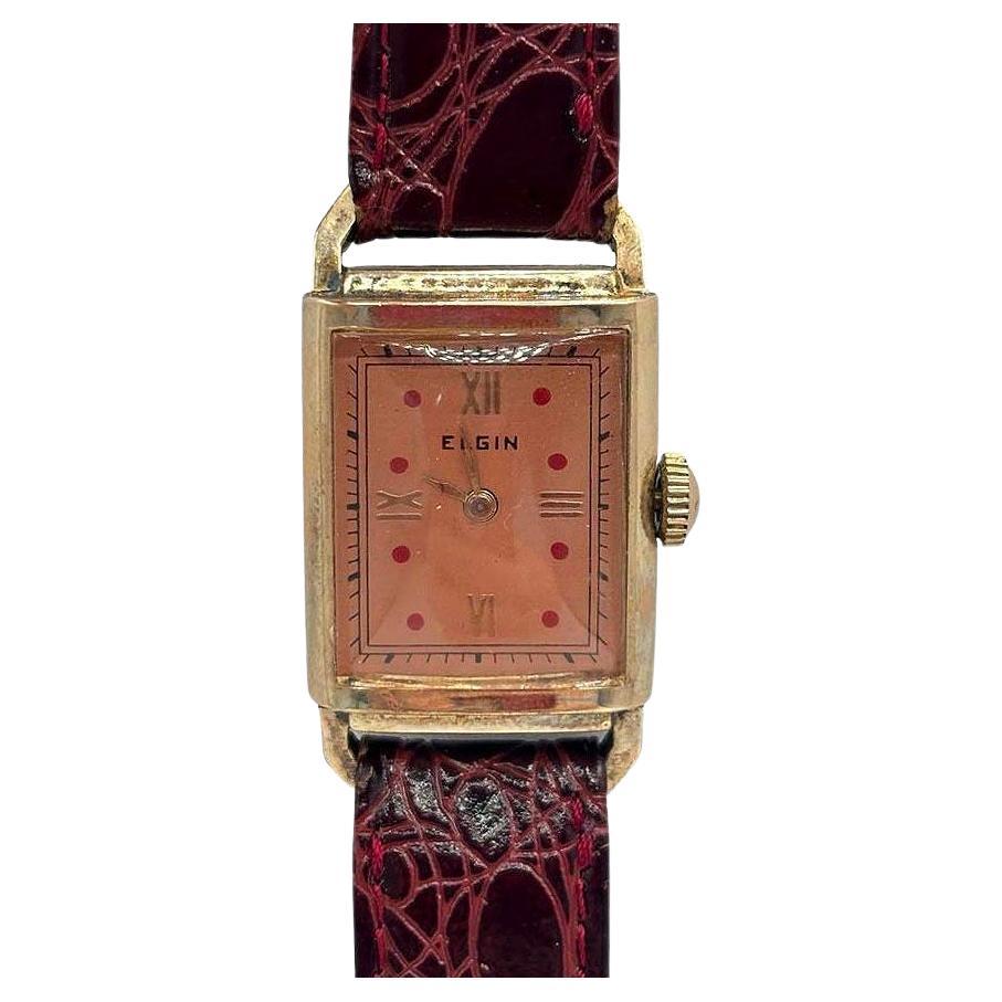 Art Deco Rolled Gold Plate 17 Jewel Dress Watch by Elgin w/ Leather Band