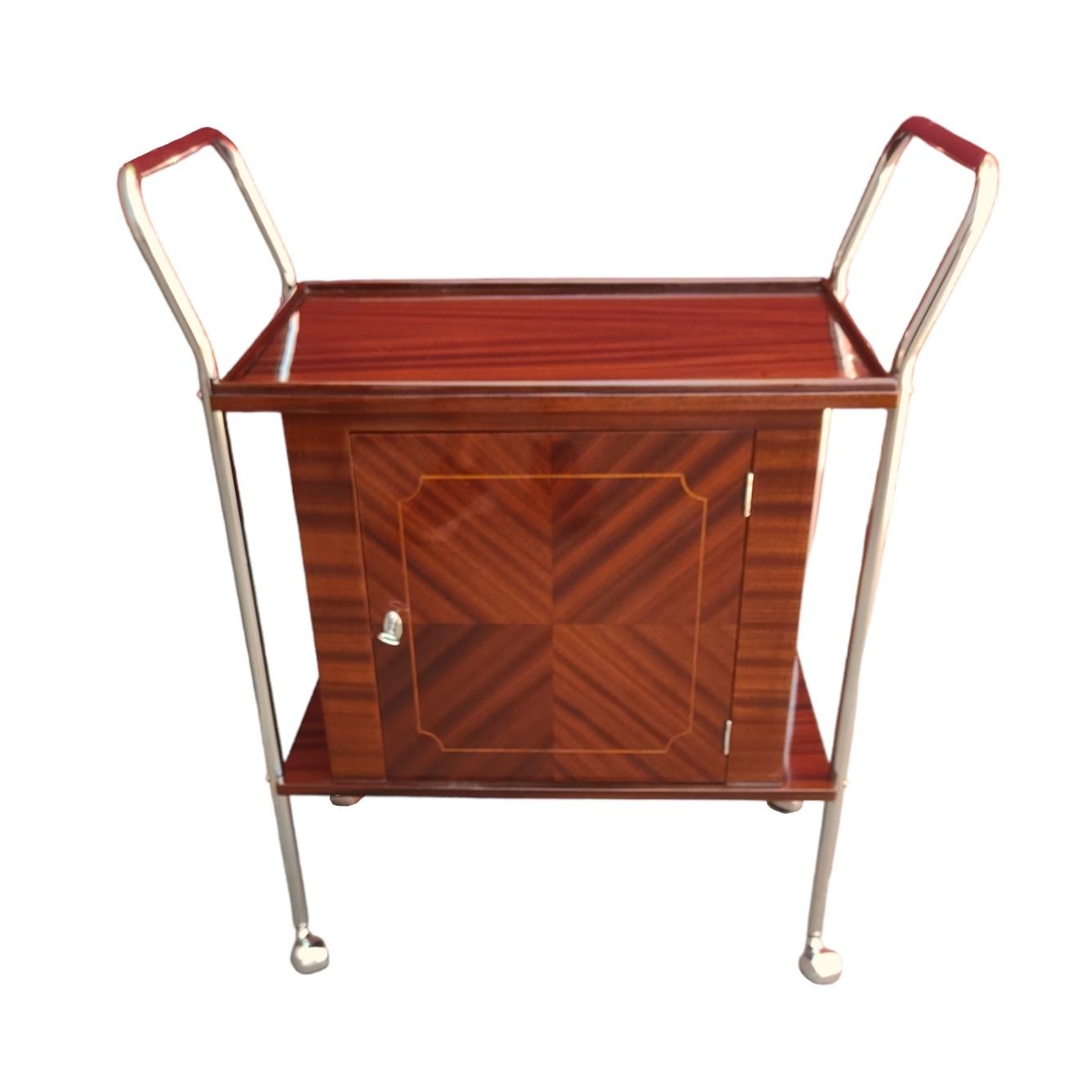 Art Deco Rolling Bar Cart

This Art Deco Rolling Bar Cart is both practical and beutiful.  Able to be moved into place , pushed by its handles and rolled on chrome casters Exceptional veneer work highlights a checkerboard pattern in the wood grain