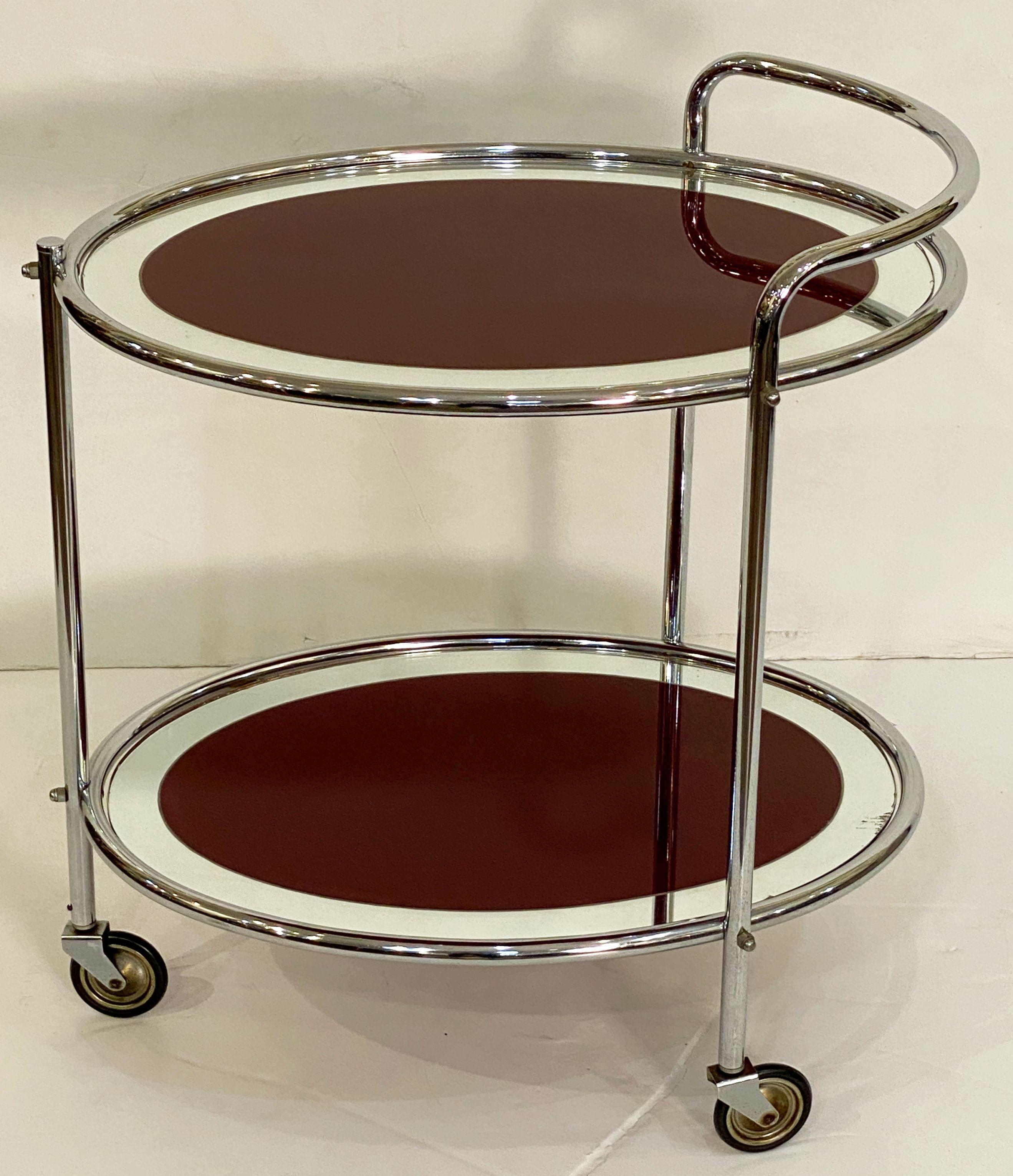 Art Deco Rolling Bar Cart of Chrome and Mirrored Glass from England 8
