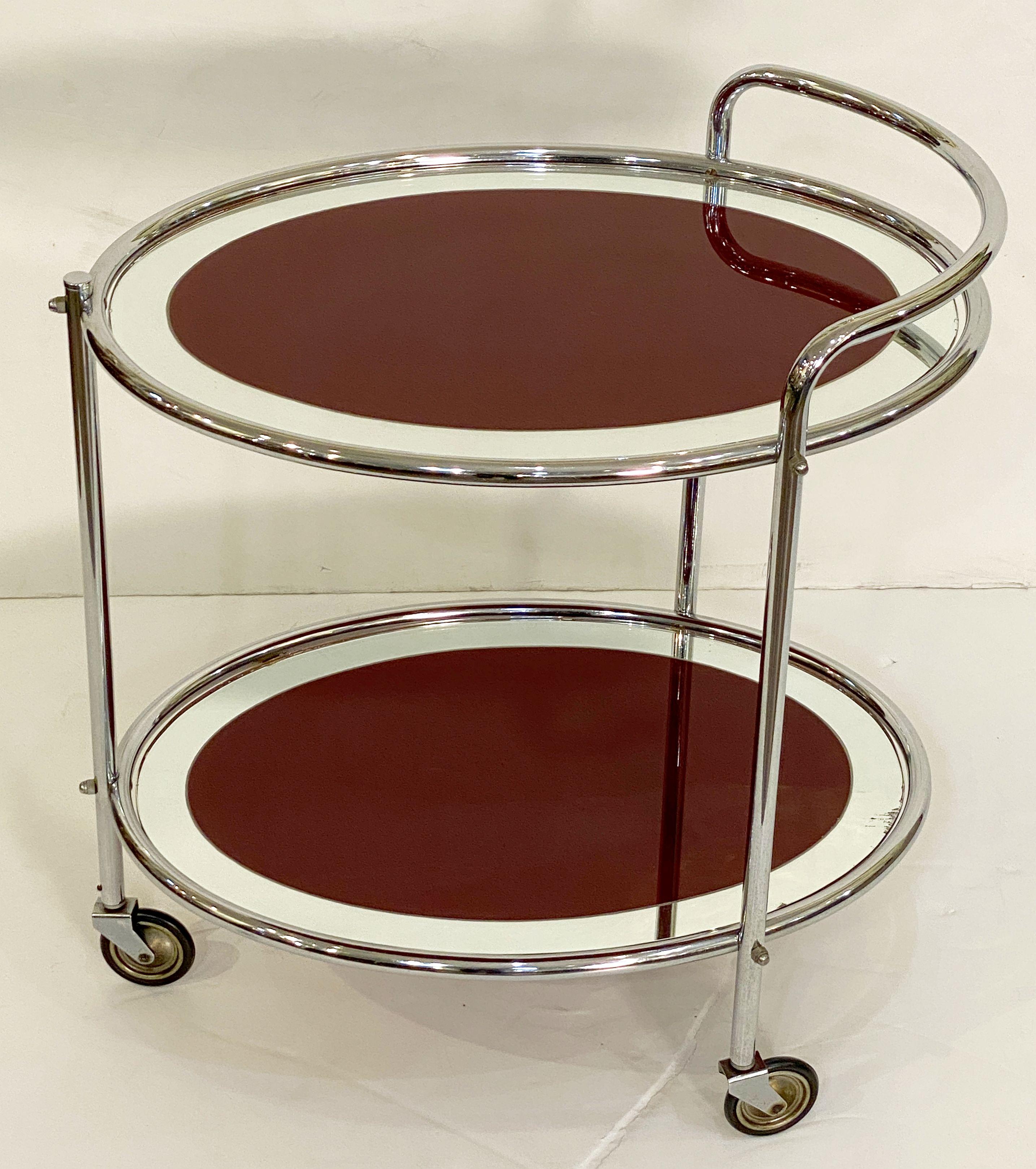 Art Deco Rolling Bar Cart of Chrome and Mirrored Glass from England 1