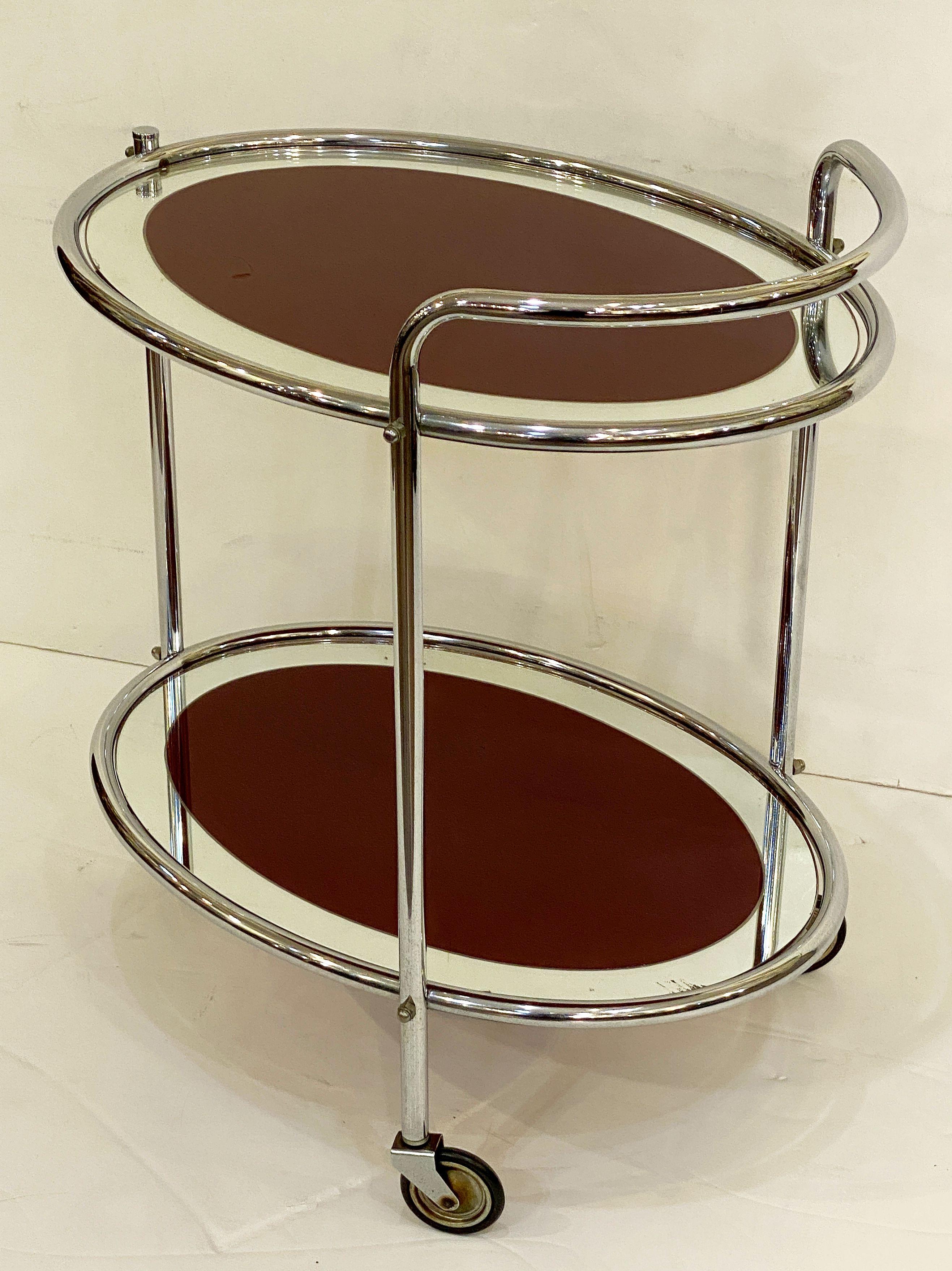 Art Deco Rolling Bar Cart of Chrome and Mirrored Glass from England 4