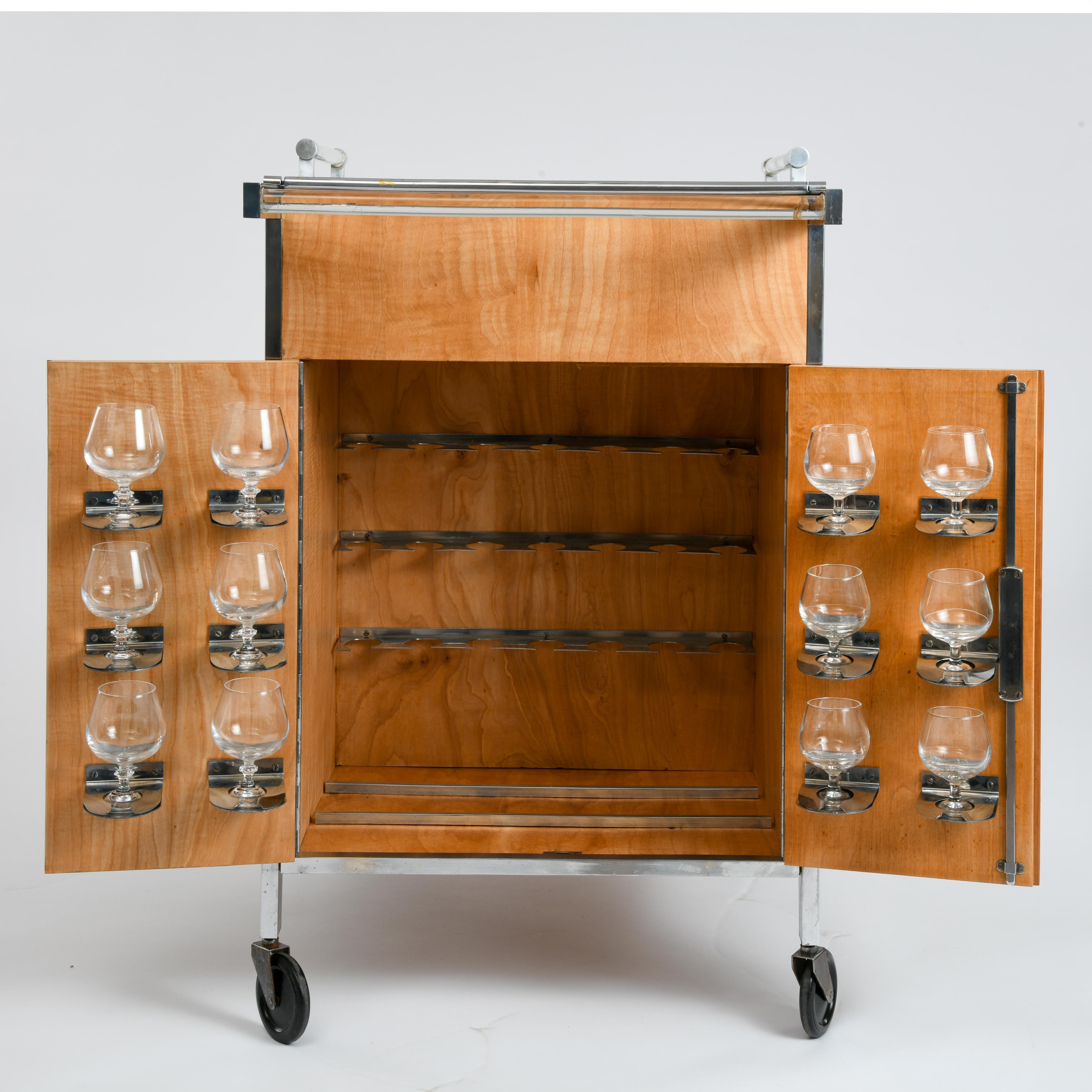 Art Deco Rolling Bar Sideboard in Sycamore Wood Designed by Jacques Adnet 8