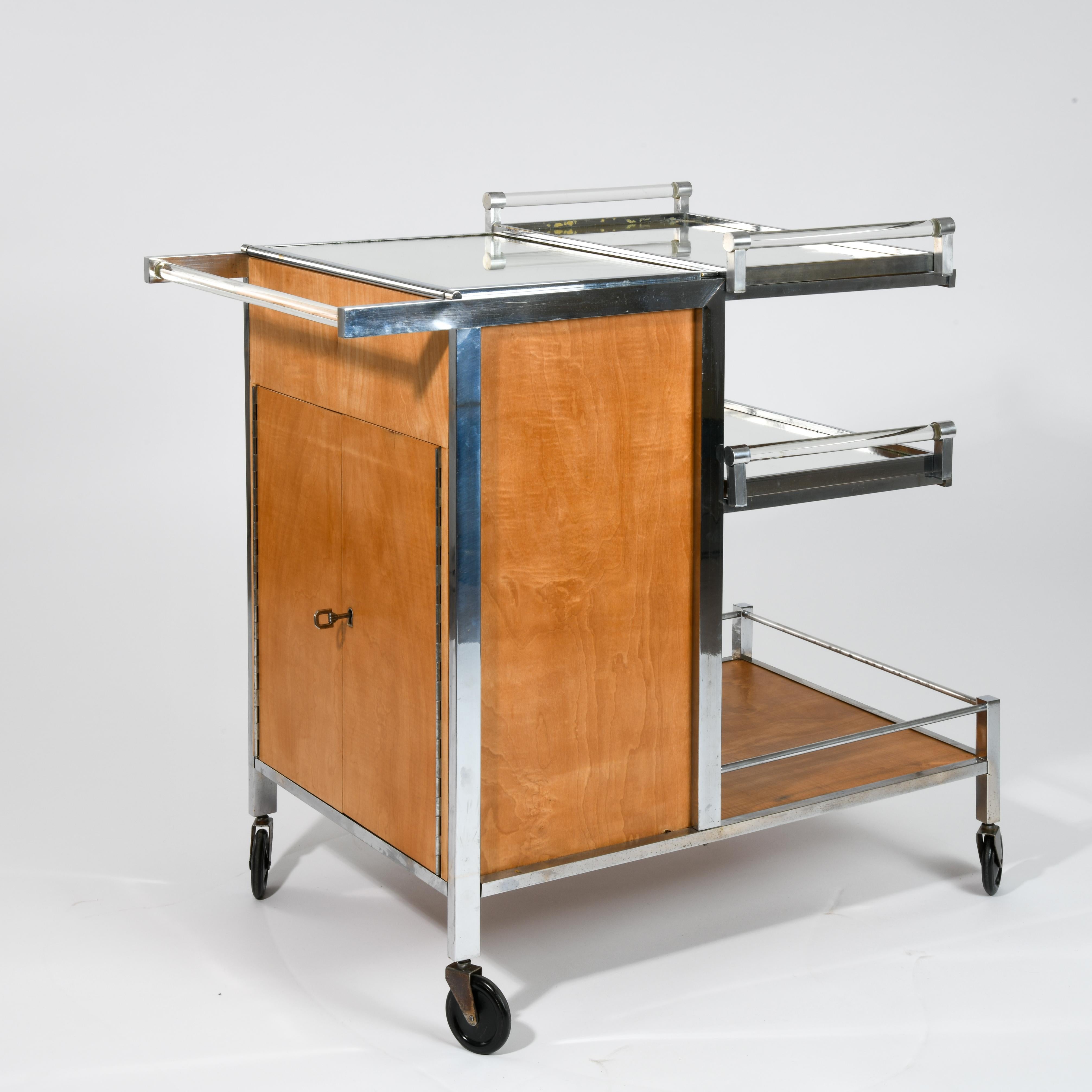 Mid-20th Century Art Deco Rolling Bar Sideboard in Sycamore Wood Designed by Jacques Adnet