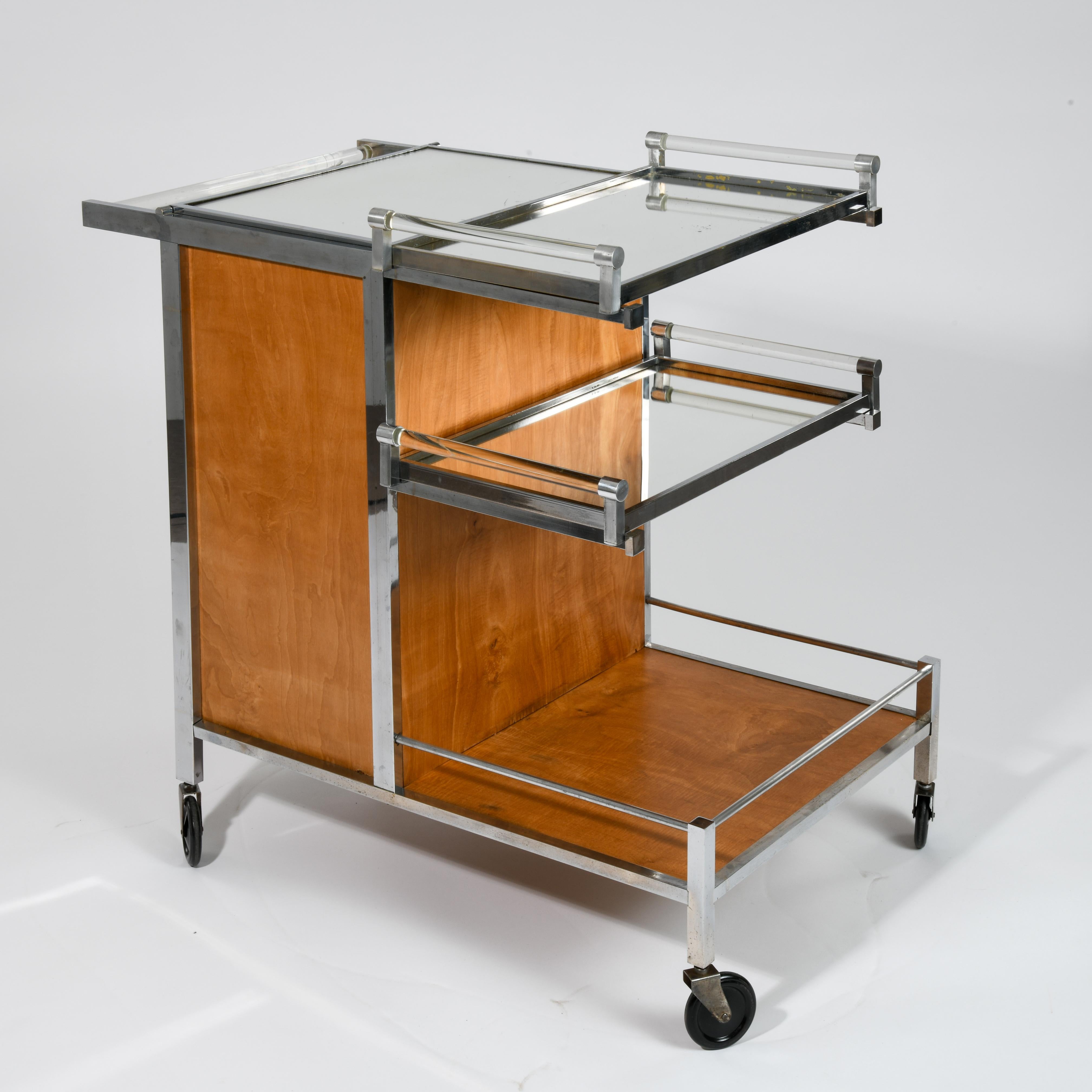 Glass Art Deco Rolling Bar Sideboard in Sycamore Wood Designed by Jacques Adnet
