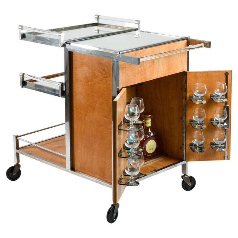 Art Deco rolling bar sideboard in sycamore wood designed by Jacques