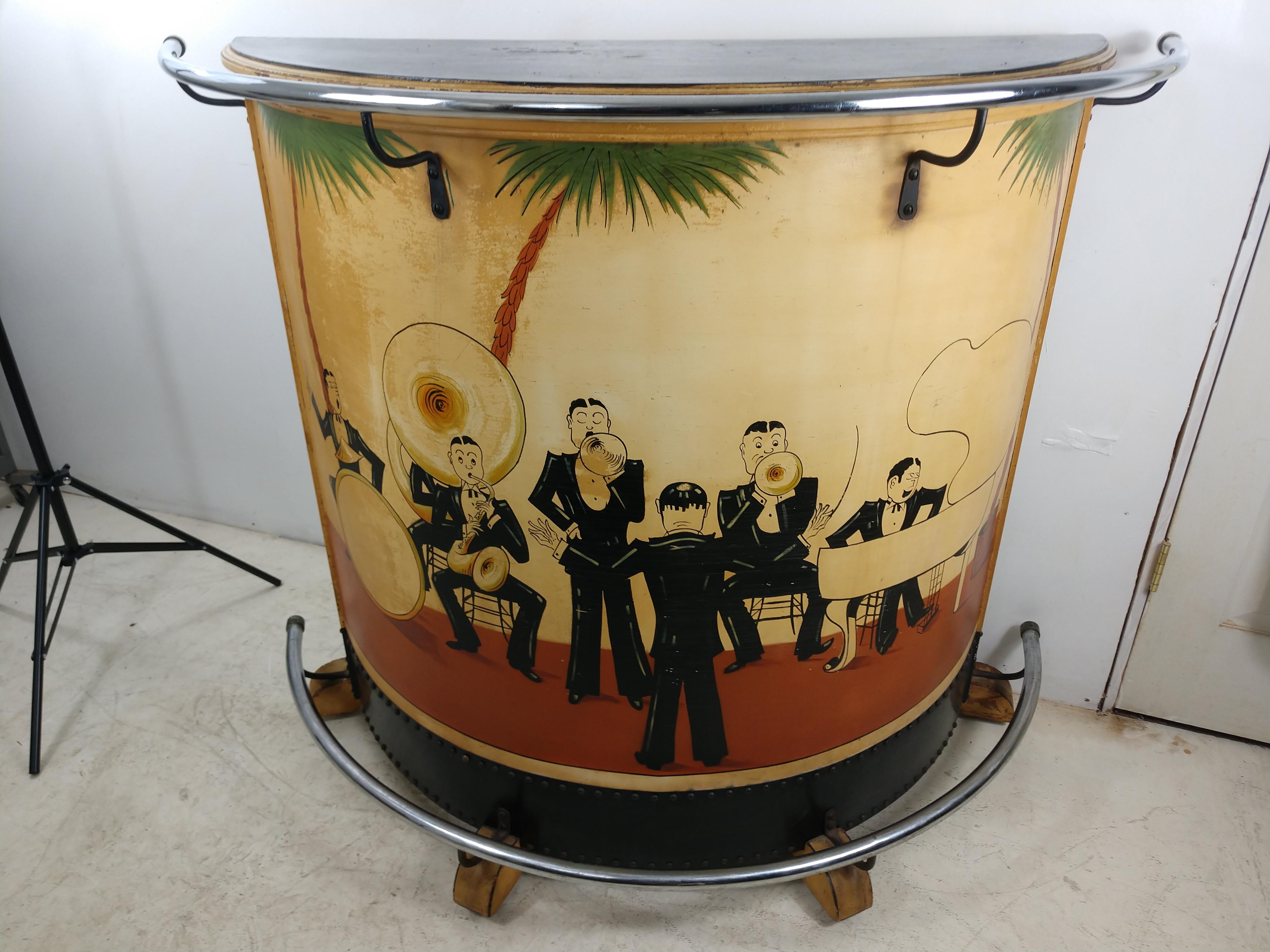 Art Deco Rolling Dry Bar Hand Painted Jazz Band Scene, circa 1930 11