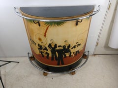 Art Deco Rolling Dry Bar Hand Painted Jazz Band Scene, circa 1930