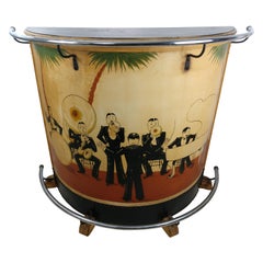 Art Deco Rolling Dry Bar Hand Painted Jazz Band Scene, circa 1930