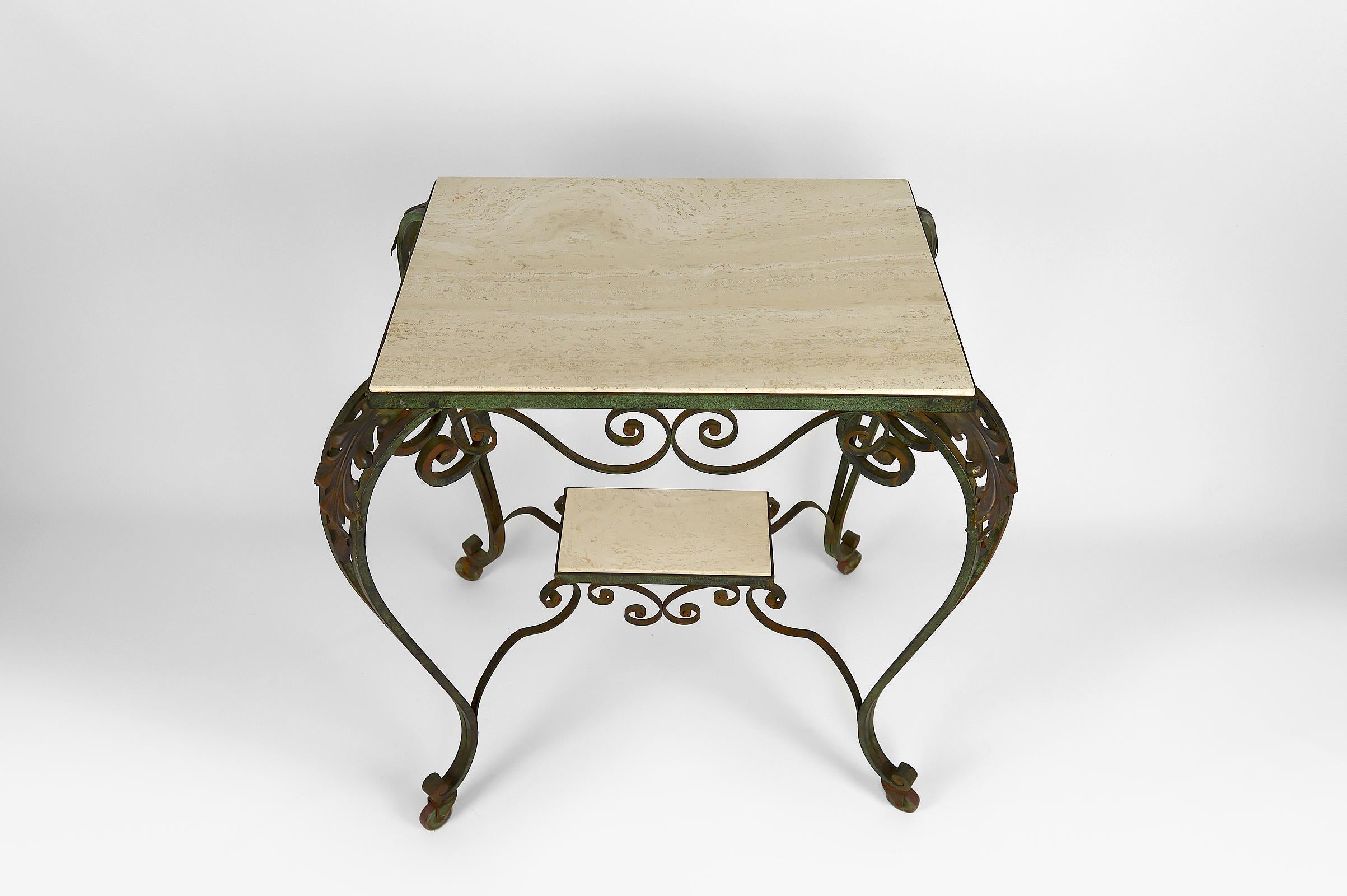 Art Deco Rolling Service Table in Wrought Iron and Travertine, France, 1940s For Sale 6