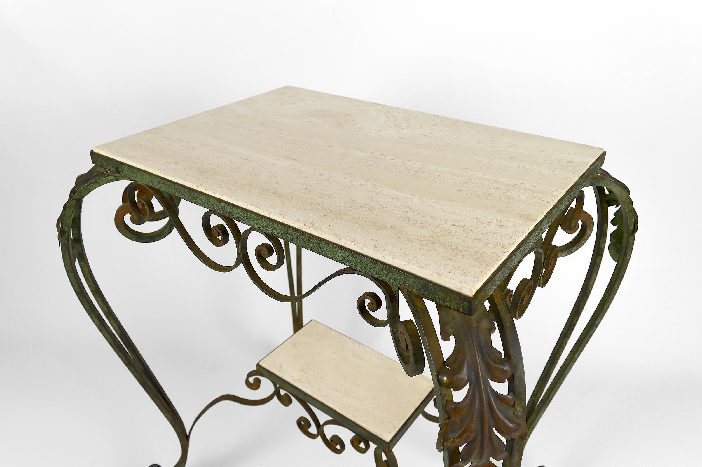 Art Deco Rolling Service Table in Wrought Iron and Travertine, France, 1940s For Sale 7