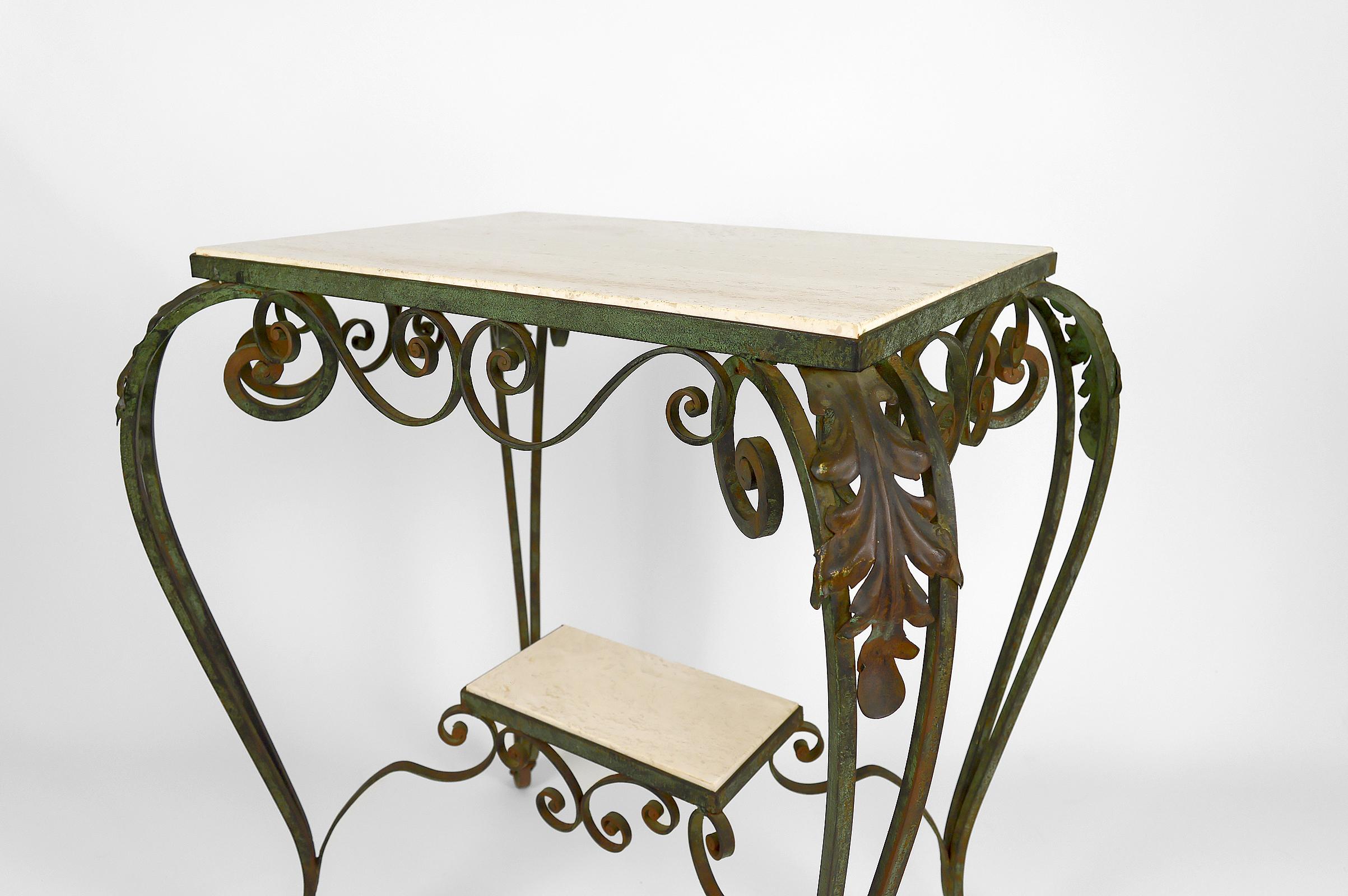 Art Deco Rolling Service Table in Wrought Iron and Travertine, France, 1940s For Sale 9
