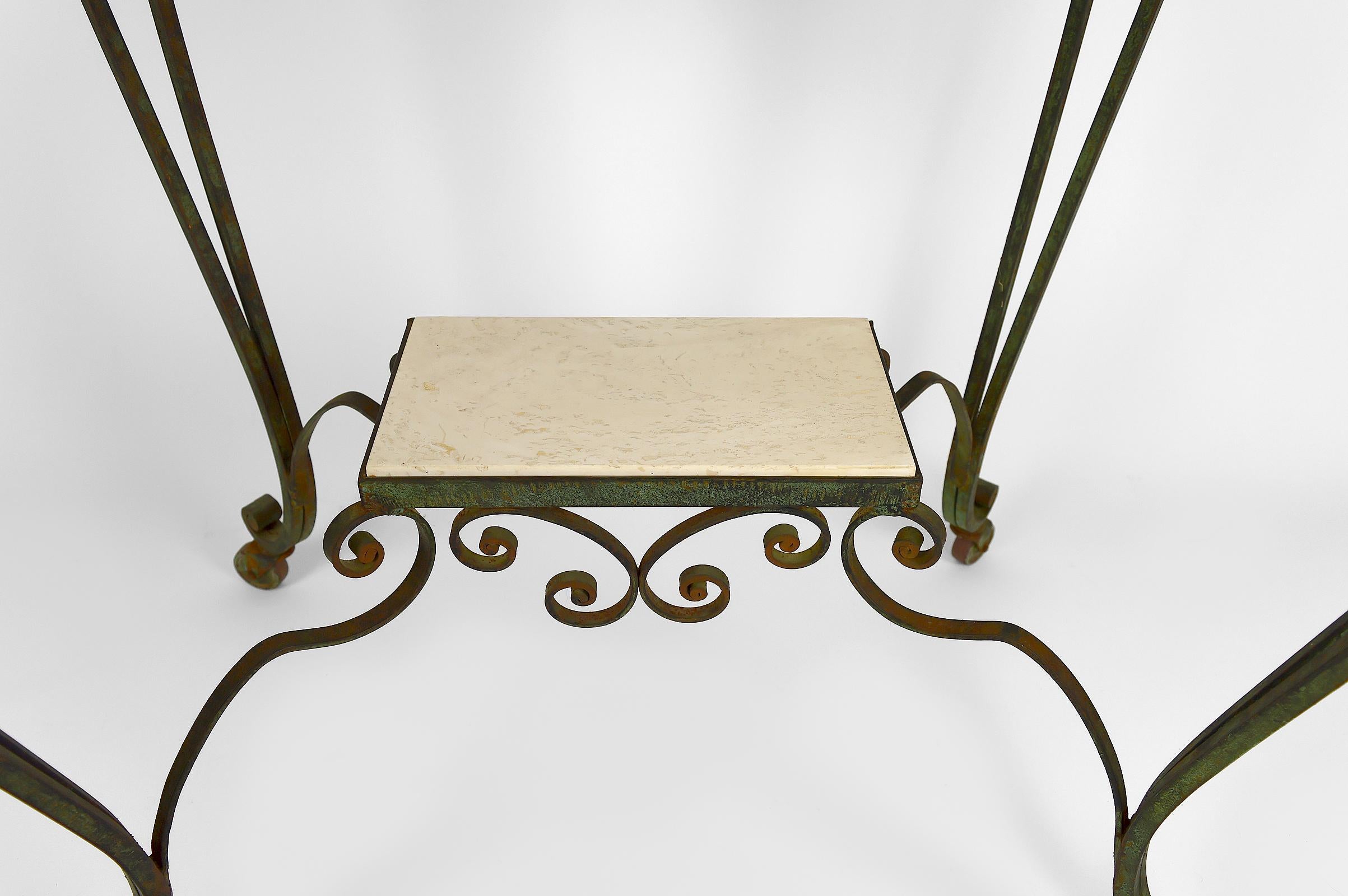 Art Deco Rolling Service Table in Wrought Iron and Travertine, France, 1940s For Sale 13