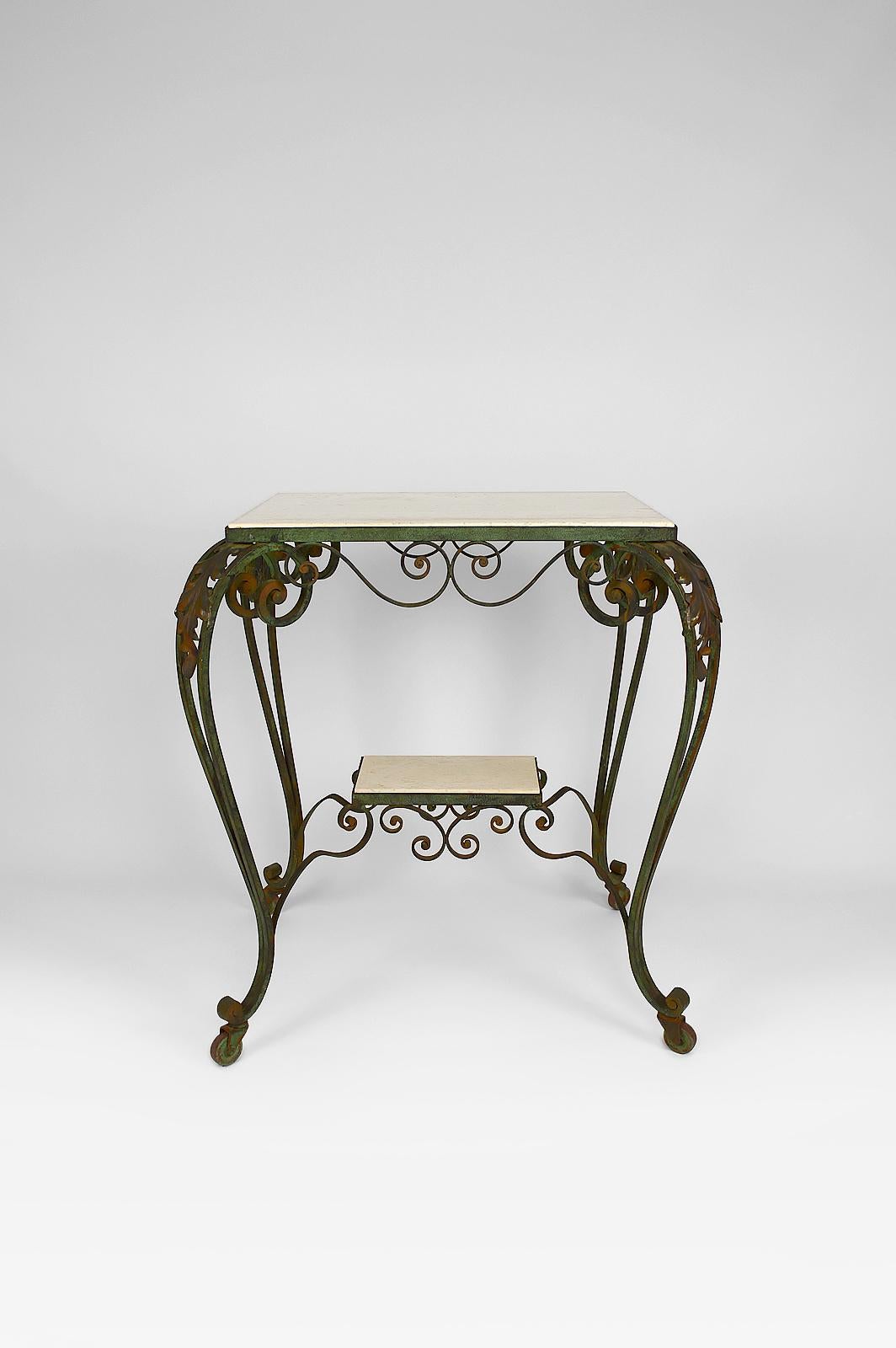 French Art Deco Rolling Service Table in Wrought Iron and Travertine, France, 1940s For Sale