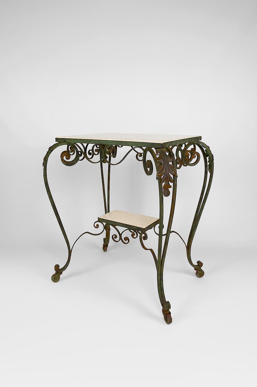 Patinated Art Deco Rolling Service Table in Wrought Iron and Travertine, France, 1940s For Sale