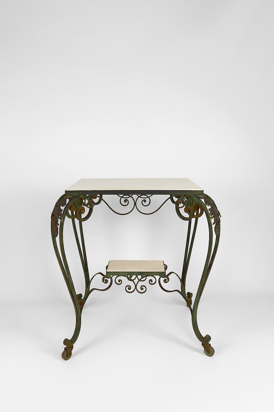 Art Deco Rolling Service Table in Wrought Iron and Travertine, France, 1940s For Sale 2