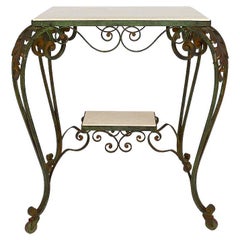 Mesa de servicio rodante Art Decó de hierro forjado y travertino, Francia, años 40