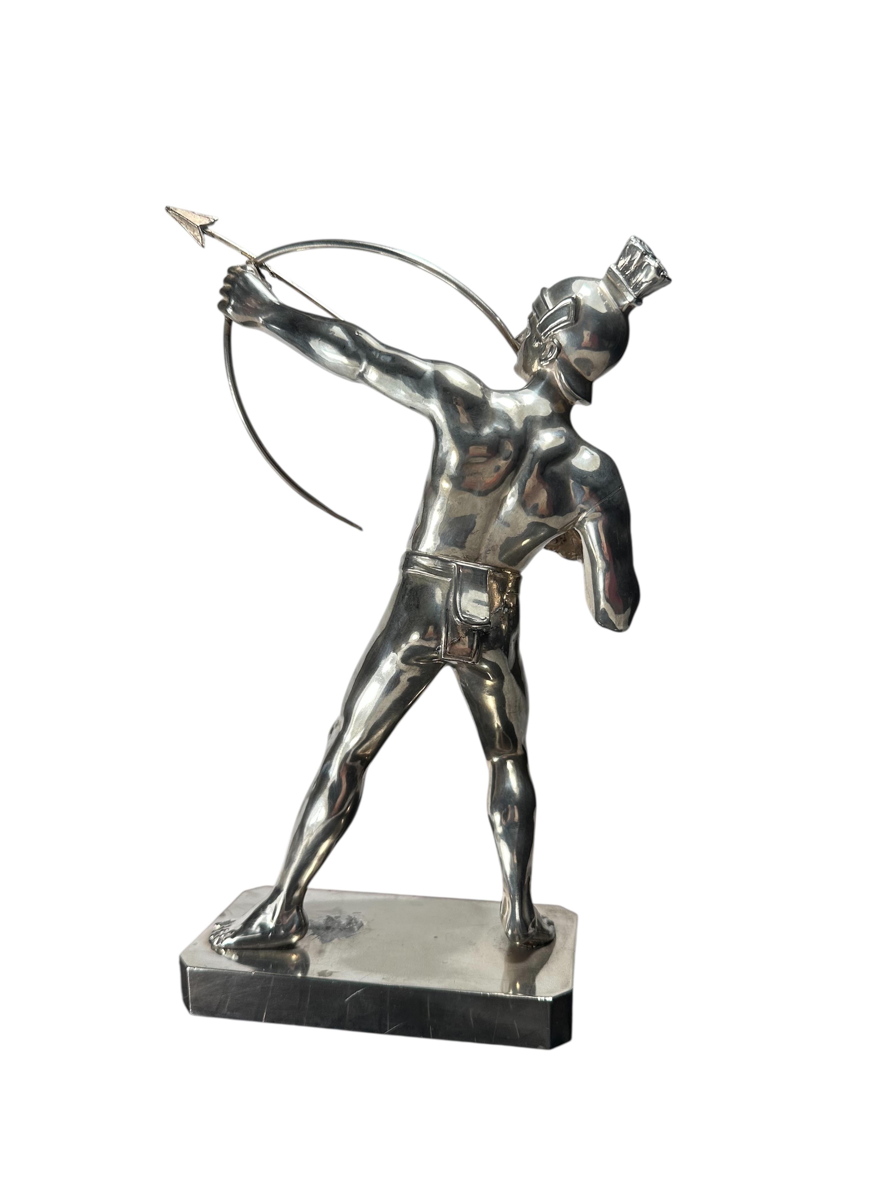 Art Deco Roman Archer Statue by Hermann Eichberg

Dramatic statue of a Roman Archer with bow and arrow in the Art Deco style by German sculptor Hermann Eichberg. The finely detailed sculpture is cast in nickel and silver plated. 
The condition is