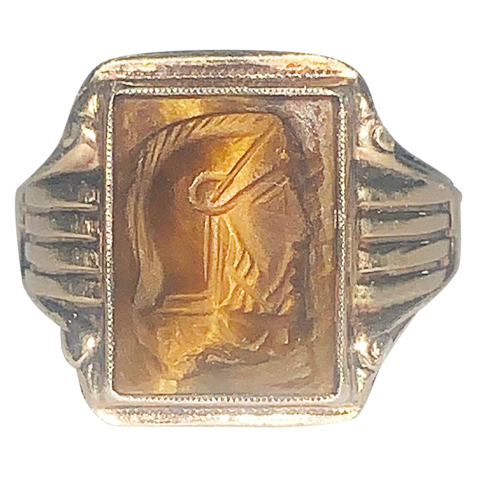 Art Deco Roman Centurion mens ring in Tiger Eye Onyx For Sale