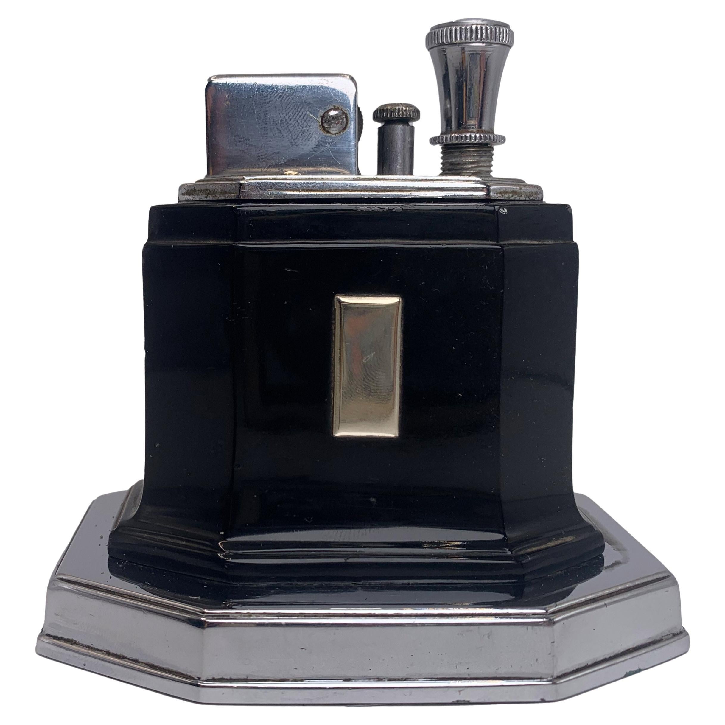 Art Déco Ronson Octette Touch Tip Briquet de table avec boîtier en émail noir et chrome en vente