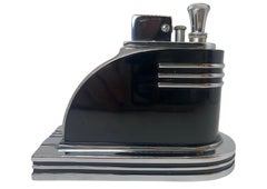 Art Deco Ronson Streamline Moderne Black Lacquered Touch Tip Table Lighter