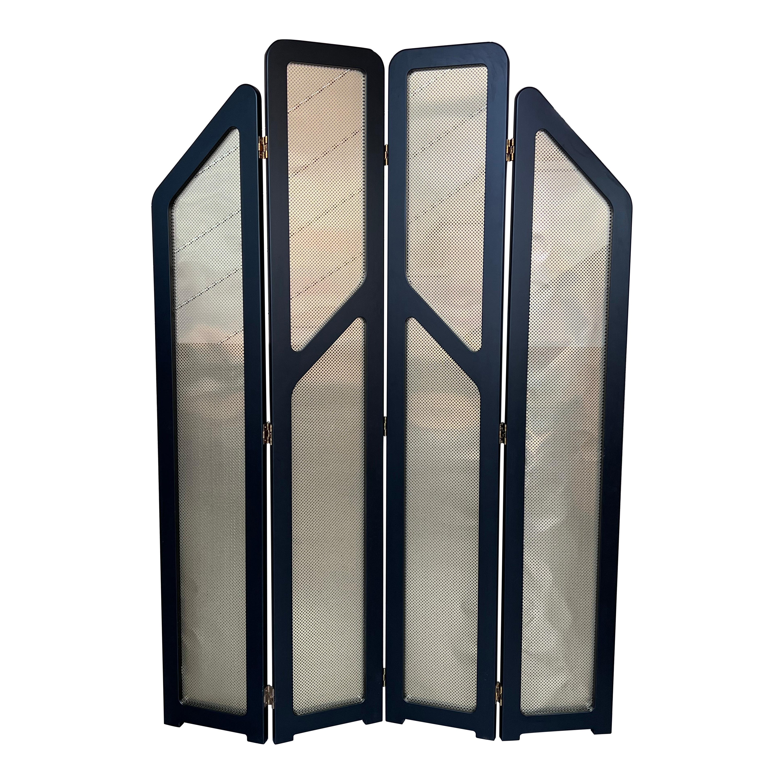 Paravent Art Déco pour pièce en bois noir ébénisé et écrans en métal or