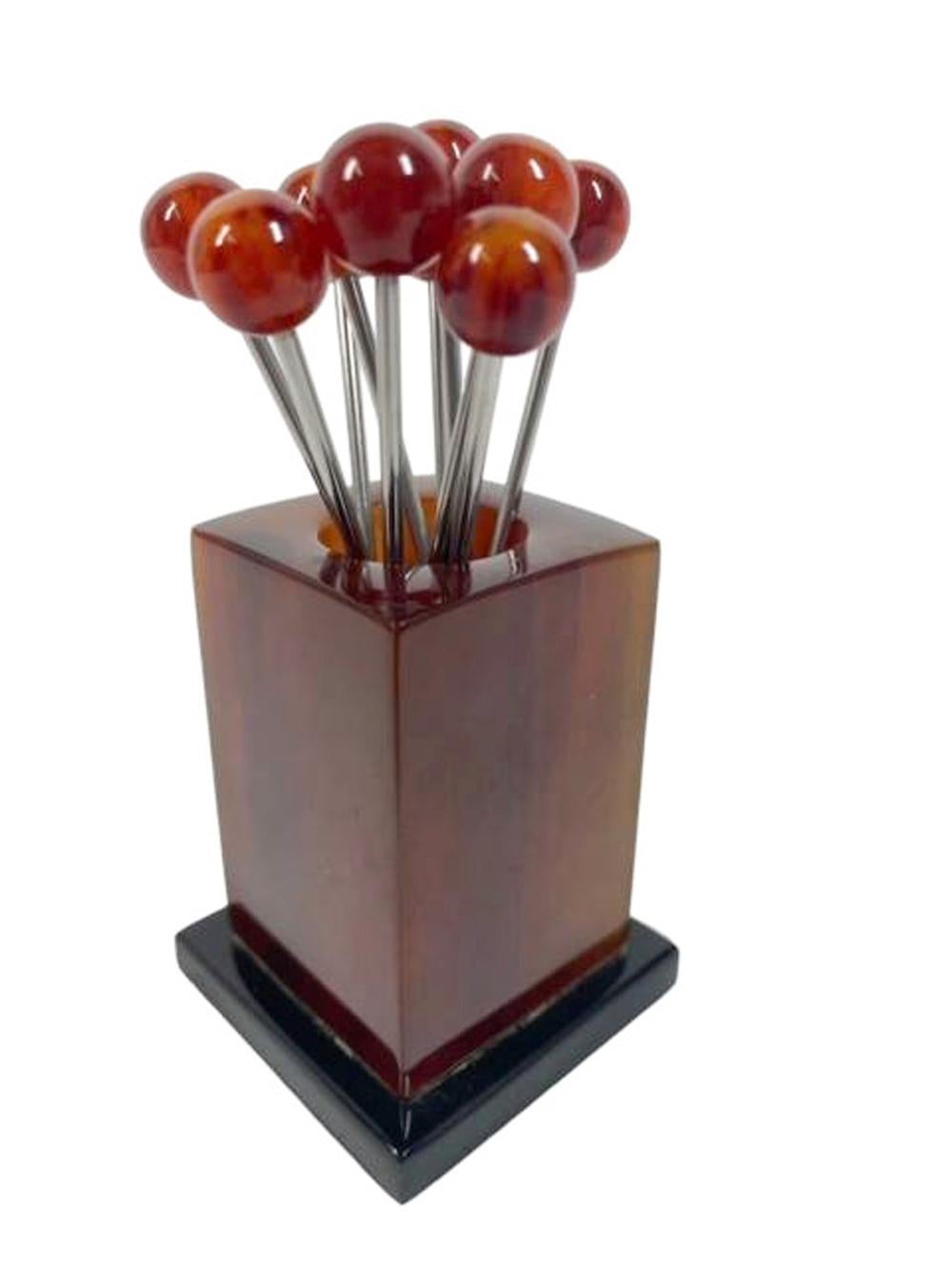 French Art Deco Root Beer Bakelite Ball Topped Cocktail Picks, Root Beer Bakelite Stand For Sale