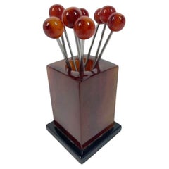 Art Deco Root Beer Bakelite Ball Topped Cocktail Picks, Root Beer Bakelite Stand