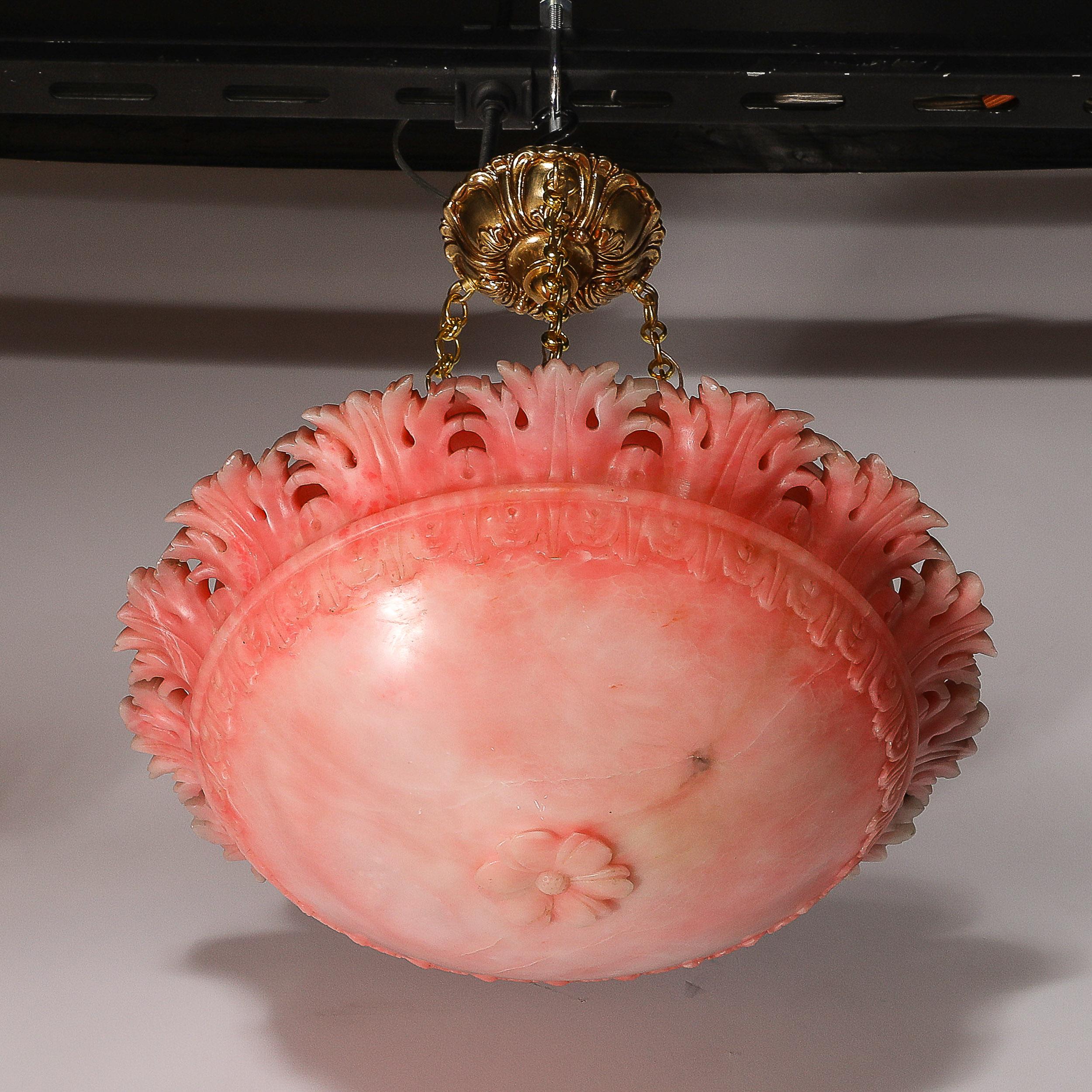 Art Deco Rose Alabaster Stylized Acanthus Pendant Chandelier w/ Brass Fittings For Sale 5