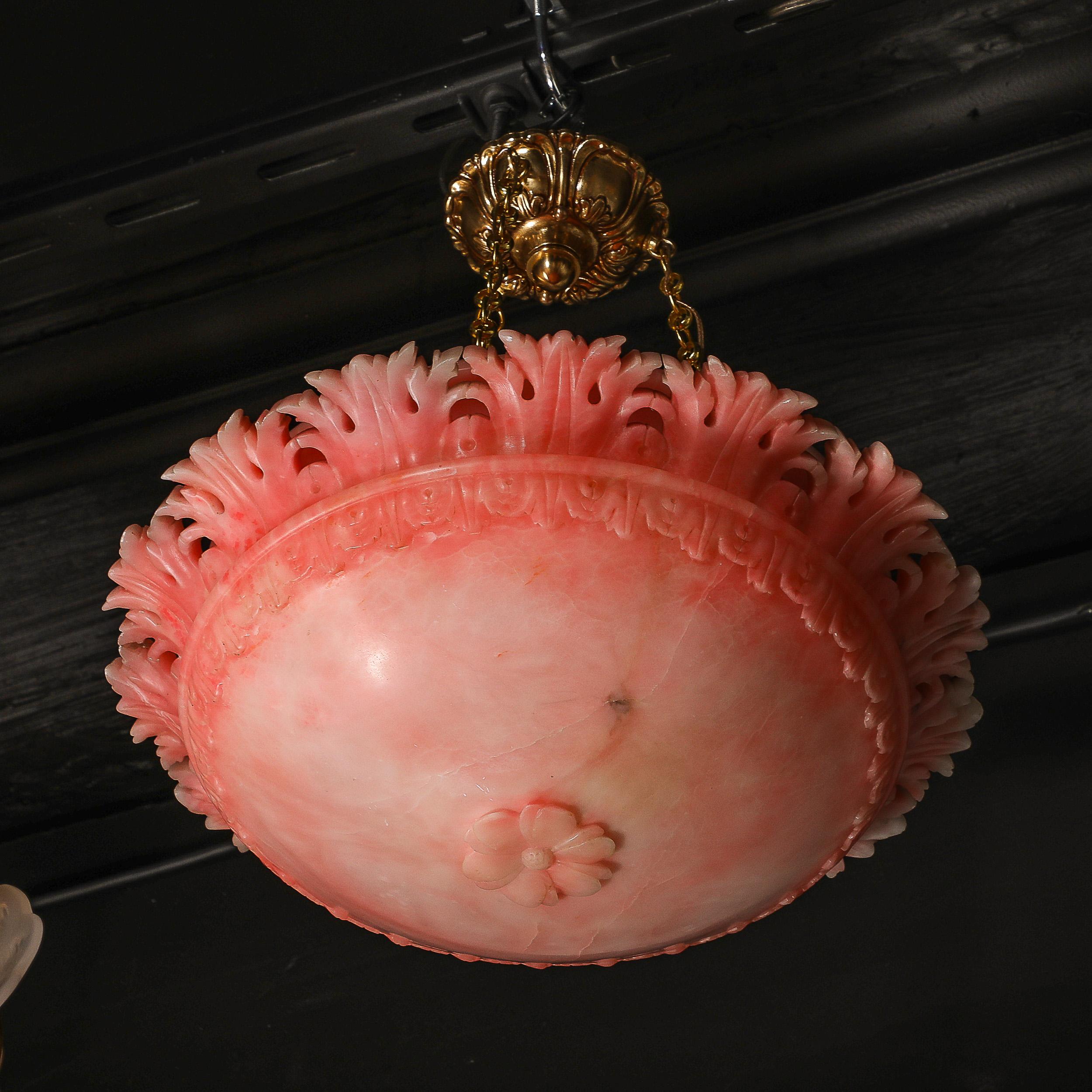 Art Deco Rose Alabaster Stylized Acanthus Pendant Chandelier w/ Brass Fittings For Sale 8