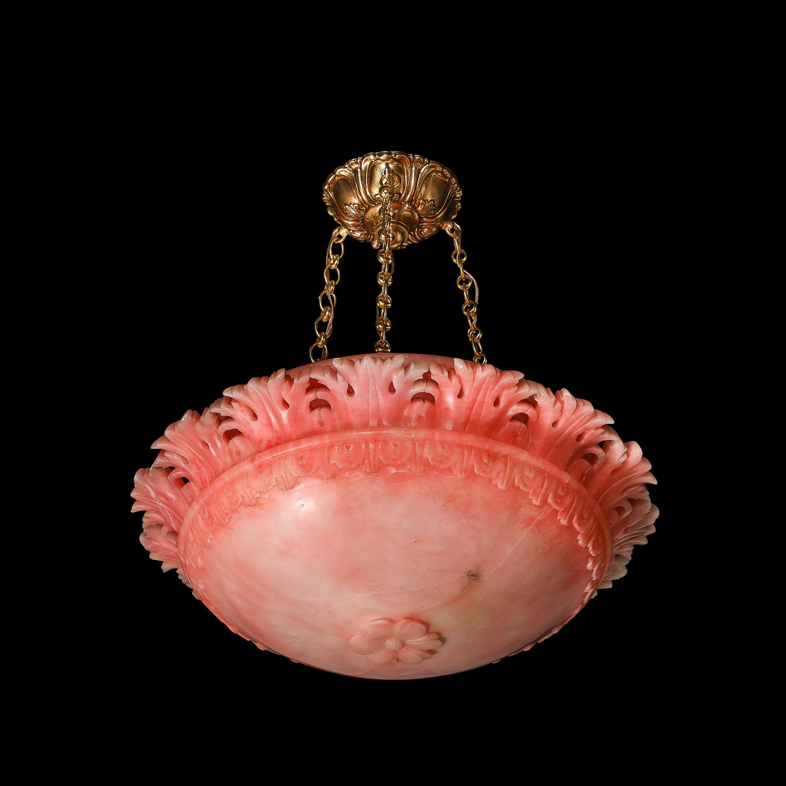 Art Deco Rose Alabaster Stylized Acanthus Pendant Chandelier w/ Brass Fittings For Sale 10