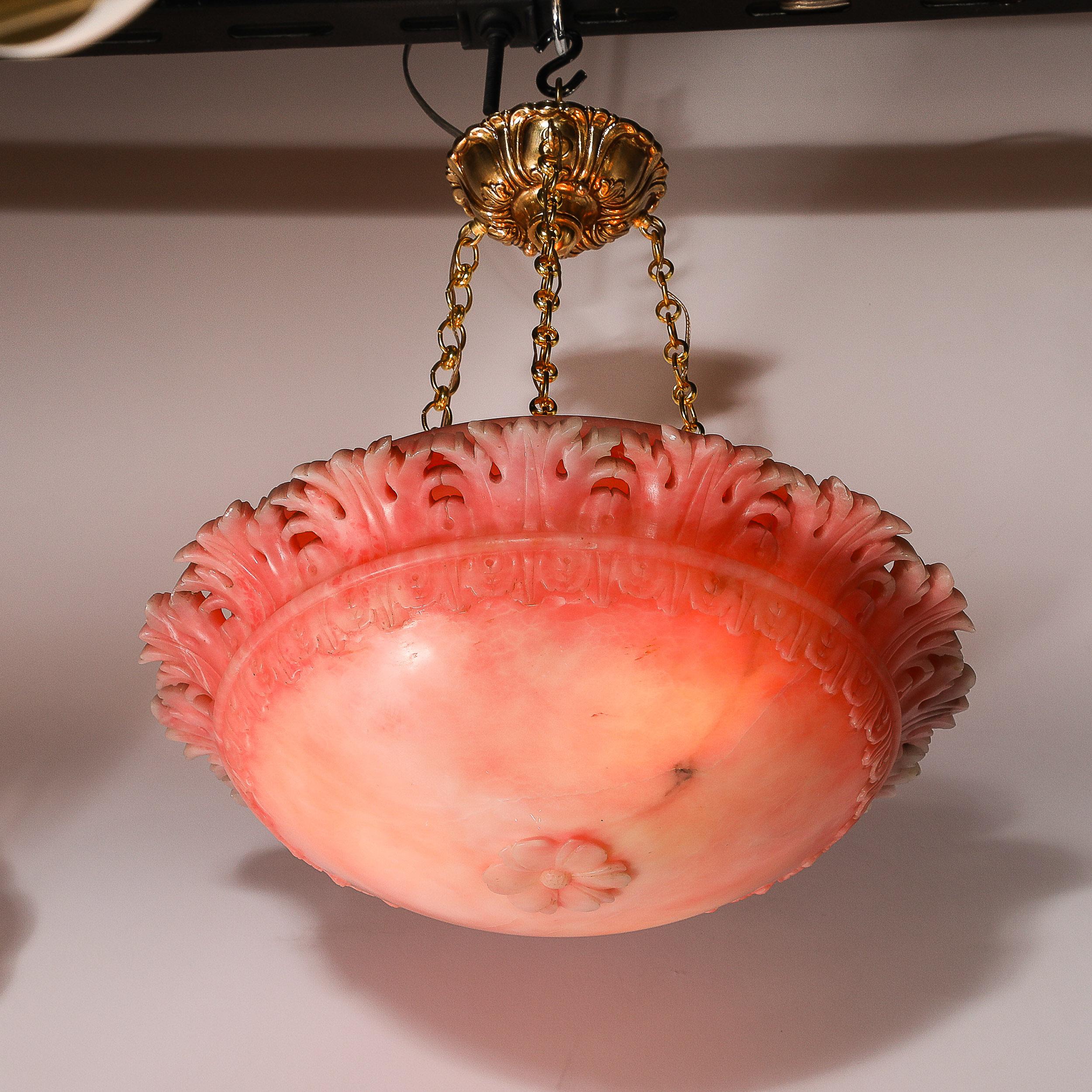 French Art Deco Rose Alabaster Stylized Acanthus Pendant Chandelier w/ Brass Fittings For Sale