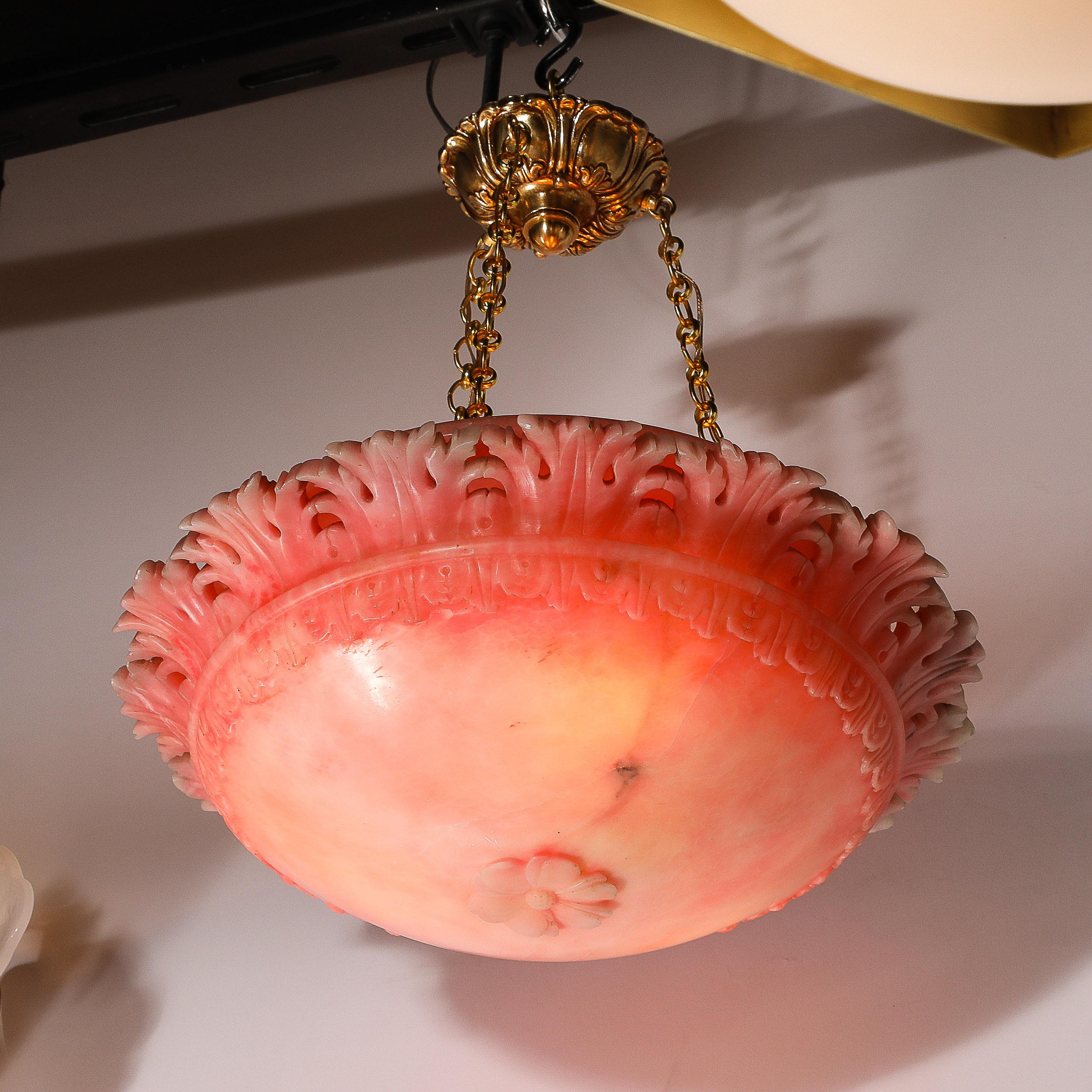 Art Deco Rose Alabaster Stylized Acanthus Pendant Chandelier w/ Brass Fittings In Excellent Condition For Sale In New York, NY