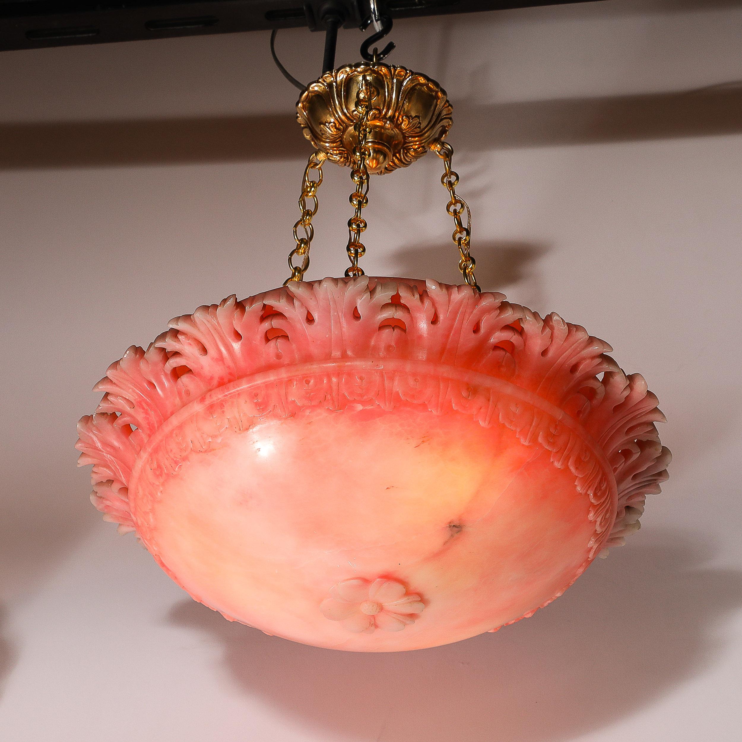Mid-20th Century Art Deco Rose Alabaster Stylized Acanthus Pendant Chandelier w/ Brass Fittings For Sale
