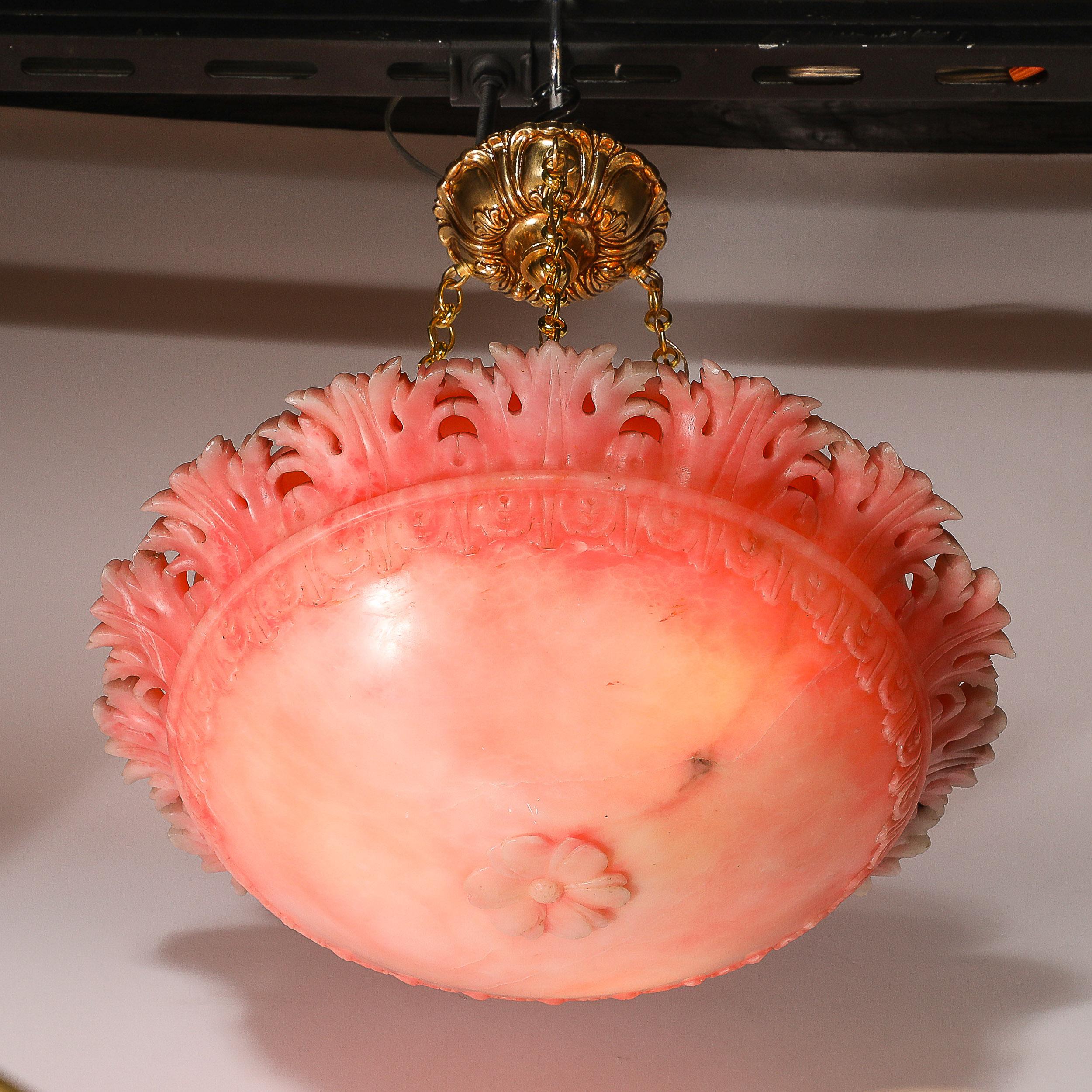 Art Deco Rose Alabaster Stylized Acanthus Pendant Chandelier w/ Brass Fittings For Sale 1