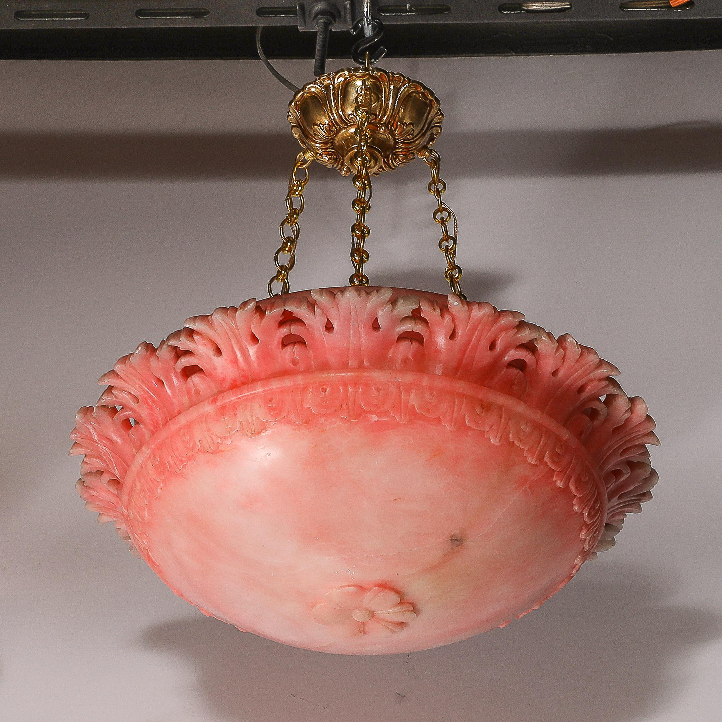Art Deco Rose Alabaster Stylized Acanthus Pendant Chandelier w/ Brass Fittings For Sale 2