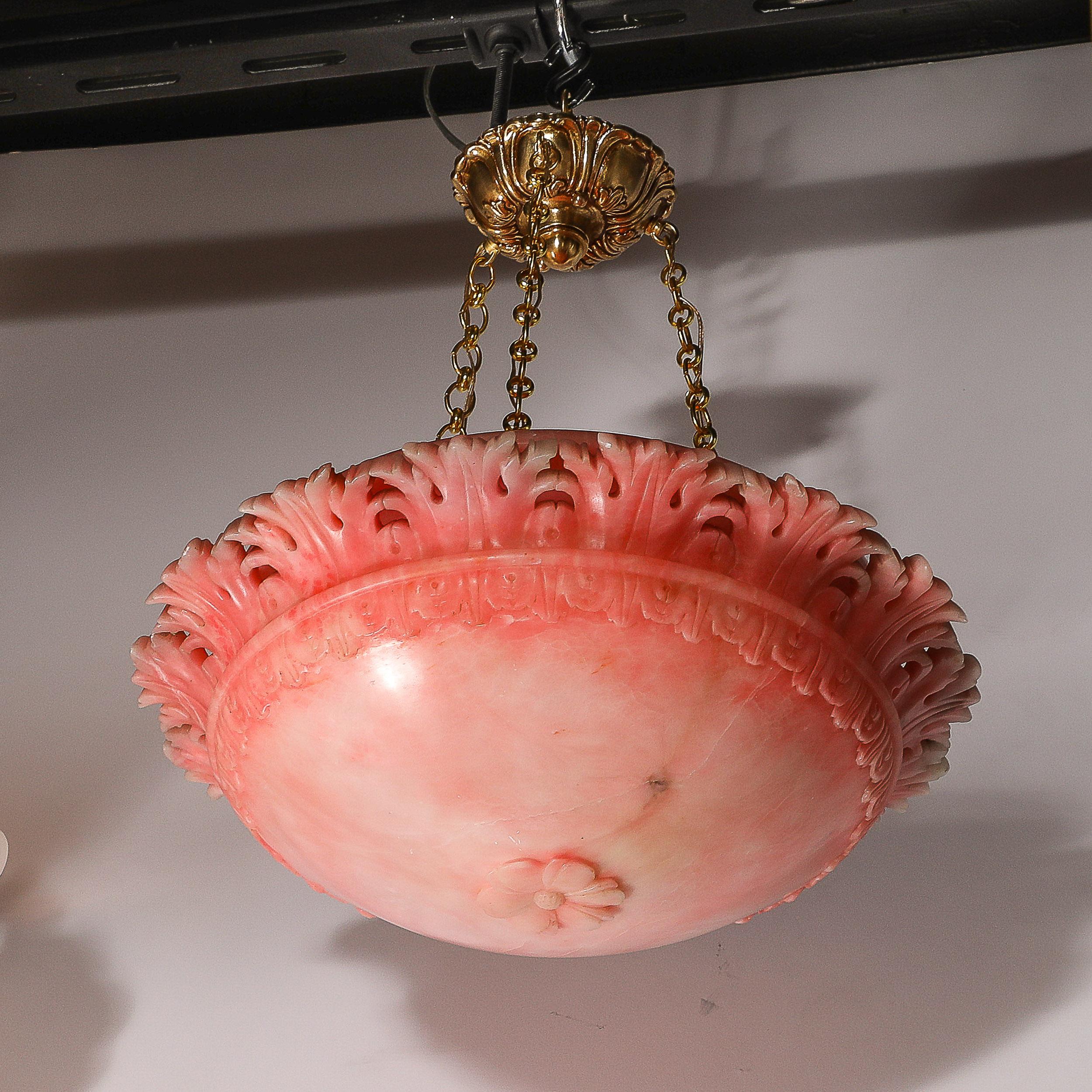 Art Deco Rose Alabaster Stylized Acanthus Pendant Chandelier w/ Brass Fittings For Sale 3
