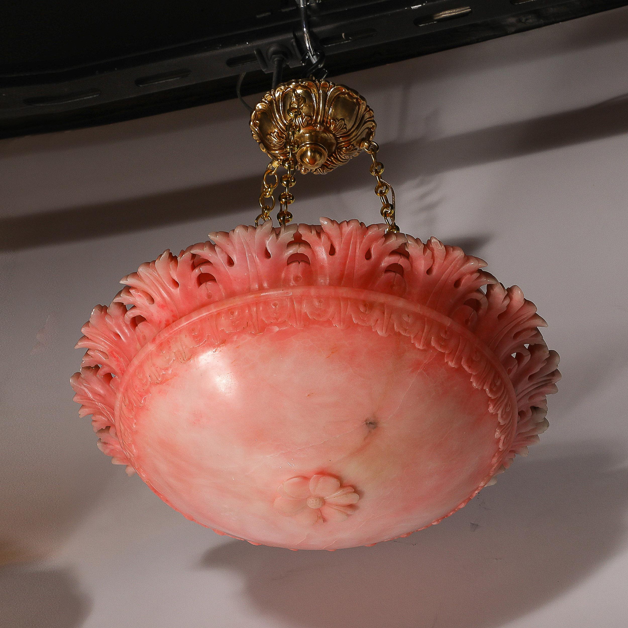 Art Deco Rose Alabaster Stylized Acanthus Pendant Chandelier w/ Brass Fittings For Sale 4