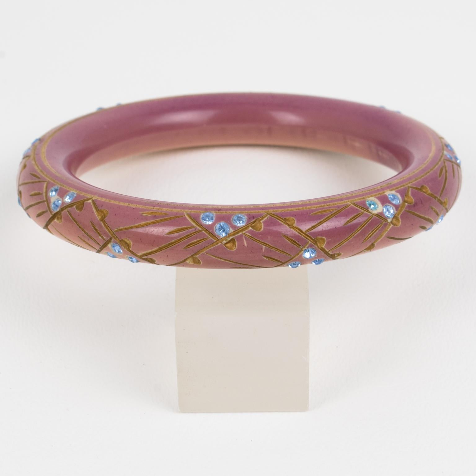 Art Deco Rose Beige Galalith Bracelet Bangle with Blue Paste In Good Condition In Atlanta, GA