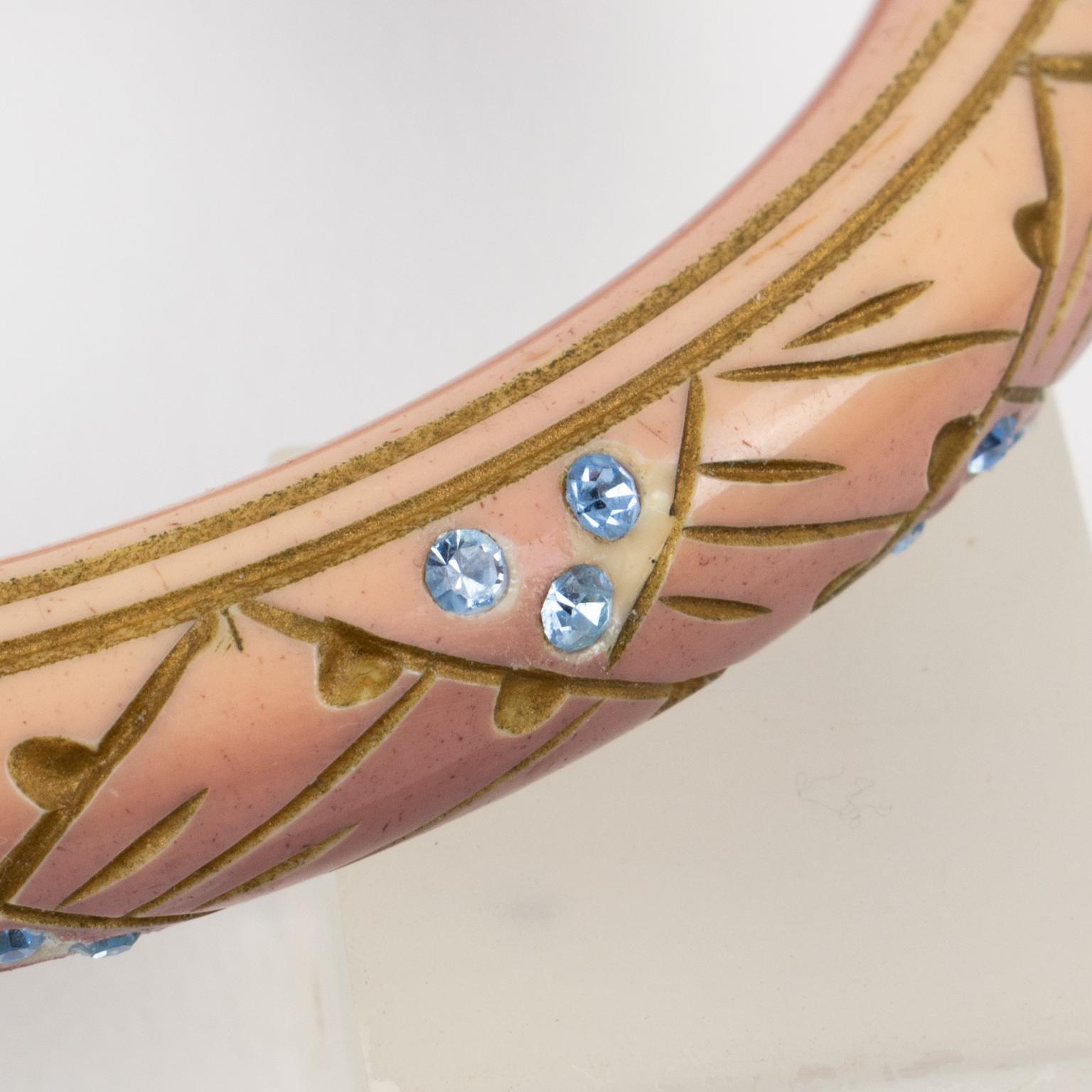Art Deco Rose Beige Galalith Bracelet Bangle with Blue Paste 2