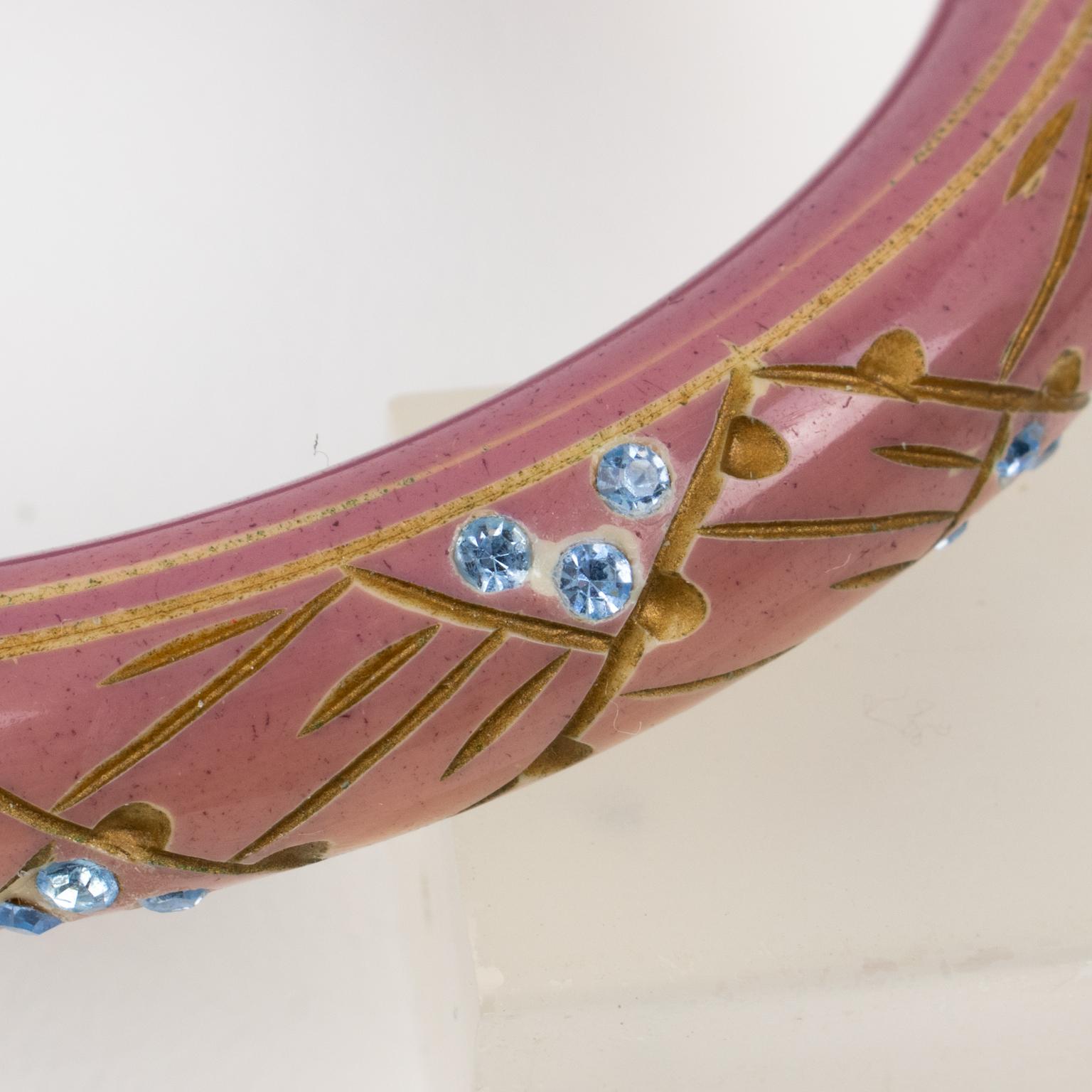 Art Deco Rose Beige Galalith Bracelet Bangle with Blue Paste 3