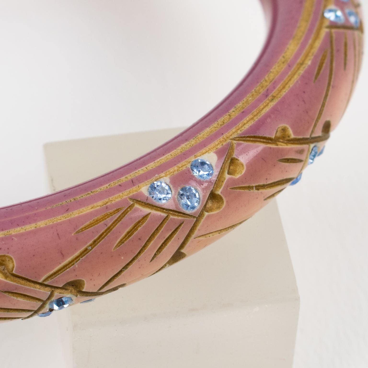 Art Deco Rose Beige Galalith Bracelet Bangle with Blue Paste 4