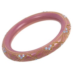 Art Deco Rose Beige Galalith Bracelet Bangle with Blue Paste