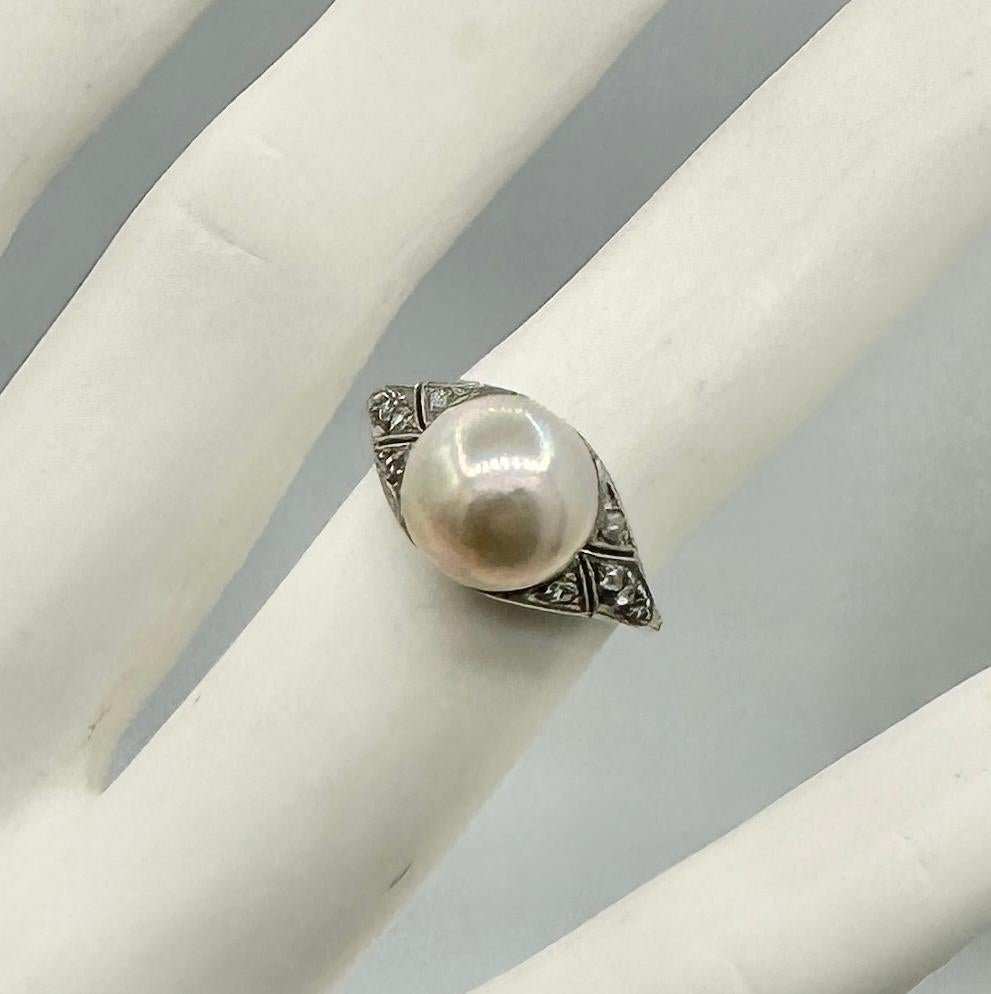 Art Deco Rose Cut Diamond Pearl Ring And Pin 18K Antique Wedding Engagement Ring For Sale 6
