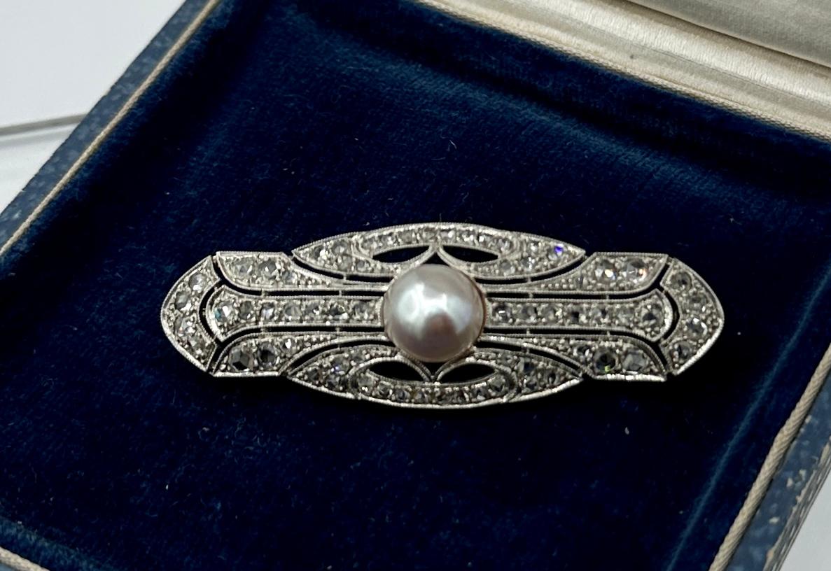 Art Deco Rose Cut Diamond Pearl Ring And Pin 18K Antique Wedding Engagement Ring For Sale 8