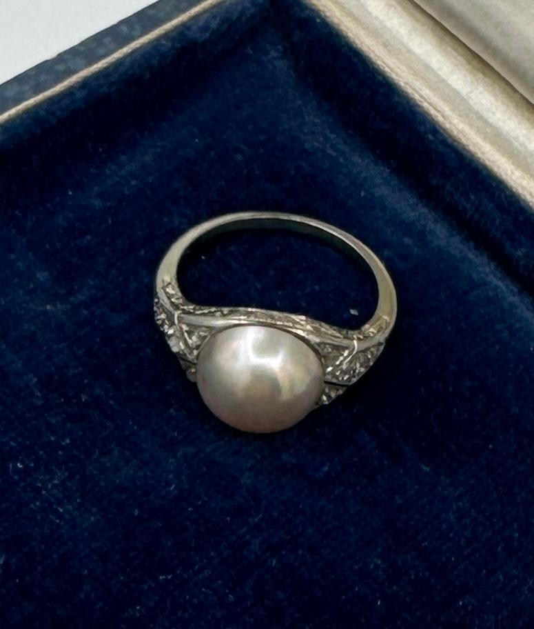 Art Deco Rose Cut Diamond Pearl Ring And Pin 18K Antique Wedding Engagement Ring For Sale 14