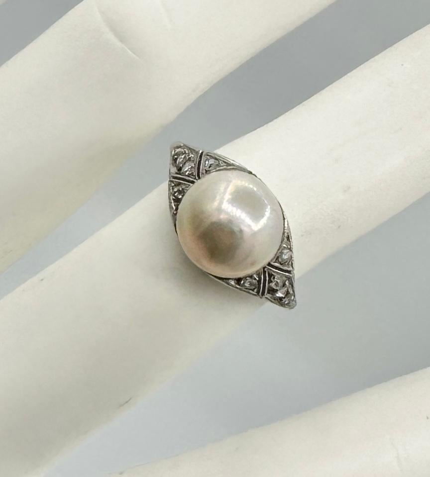 Women's Art Deco Rose Cut Diamond Pearl Ring And Pin 18K Antique Wedding Engagement Ring For Sale